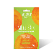 A promotional graphic for the "SILKY SKIN" pack featuring a honeybee, crystals of bath salt, and a swirl of pink cream in an ice cream cone.