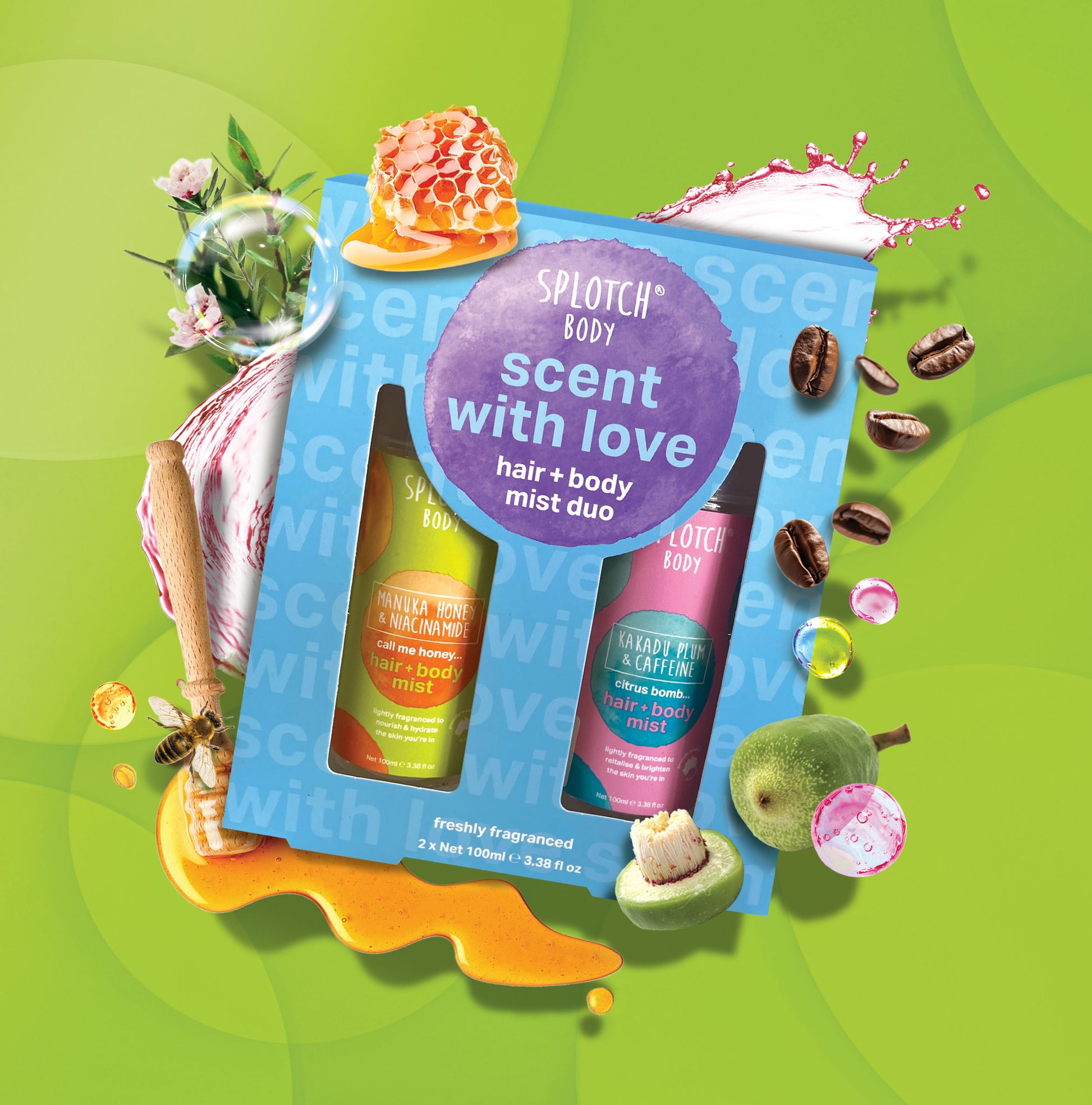 Splotch Body hair and body mist duo packaging with decorative elements on a green background