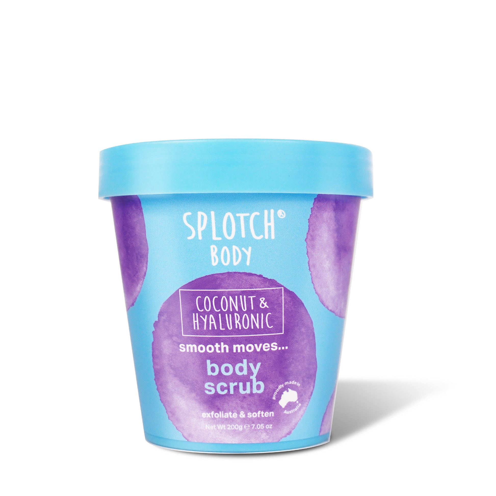 A light blue tub of SPLOTCH BODY Coconut & Hyaluronic Body Scrub with large purple splotch designs. The label reads "smooth moves... body scrub" and "exfoliate & soften," with a net weight of $200\text{g}/7.05\text{oz}$. It includes a stamp indicating it is "proudly made in Australia."