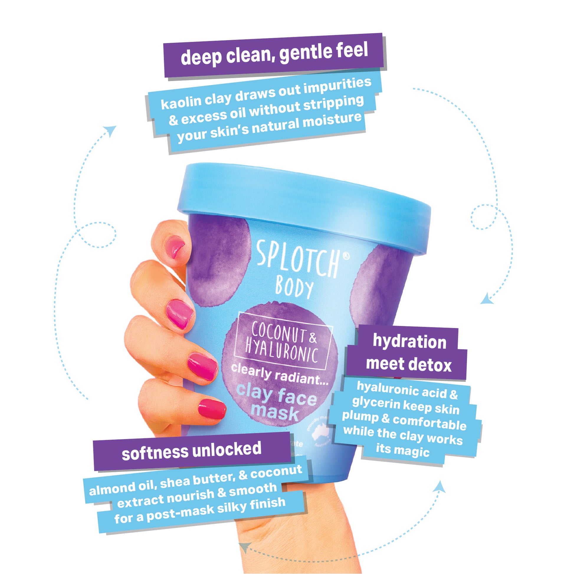 Coconut and hyaluronic clay face mask with text highlighting benefits on a white background