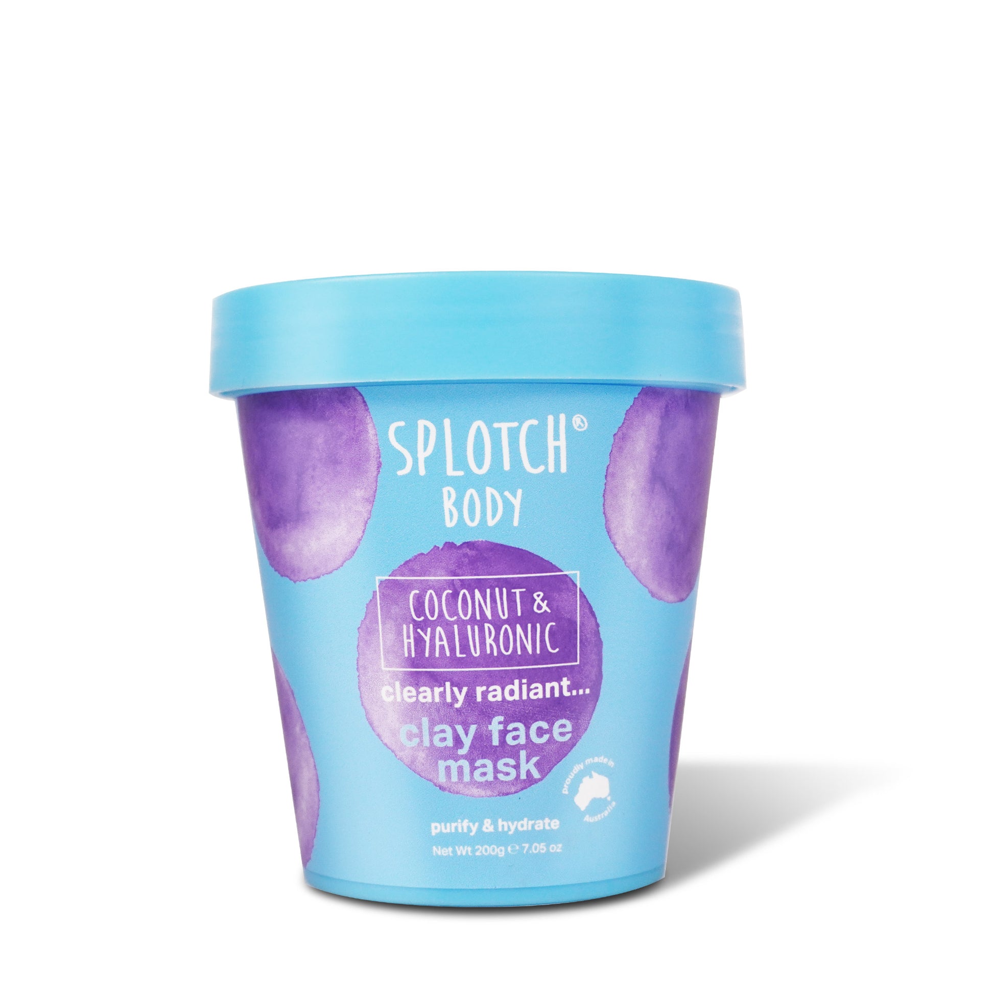 A light blue and purple tub of "Splotch Body" "Coconut & Hyaluronic clearly radiant... clay face mask" is shown next to its ingredients list. The mask is designed to "purify & hydrate".