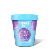 A light blue tub of SPLOTCH BODY Coconut & Hyaluronic Face Scrub with purple splotches. The label reads "glow buff... face scrub" and "exfoliate & hydrate," with a net weight of $200\text{g}/7.05\text{oz}$.