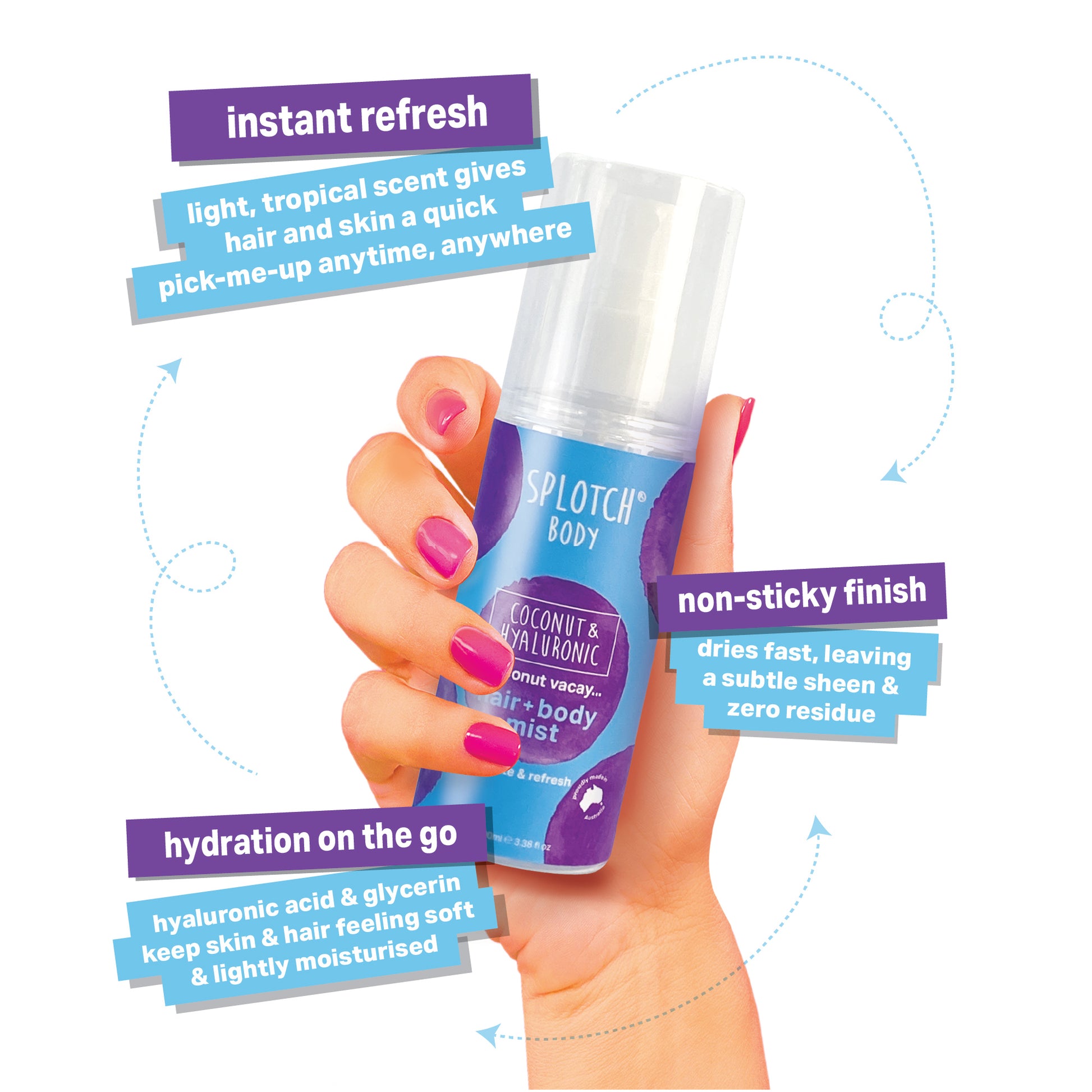 
A hand with bright pink nail polish holds a clear spray bottle of SPLOTCH BODY Coconut & Hyaluronic coconut vacay... hair + body mist. The label is gradient blue and purple. Callouts highlight the product's benefits: "instant refresh" (light, tropical scent gives hair and skin a quick pick-me-up anytime, anywhere), "non-sticky finish" (dries fast, leaving a subtle sheen & zero residue), and "hydration on the go" (hyaluronic acid & glycerin keep skin & hair feeling soft & lightly moisturised).