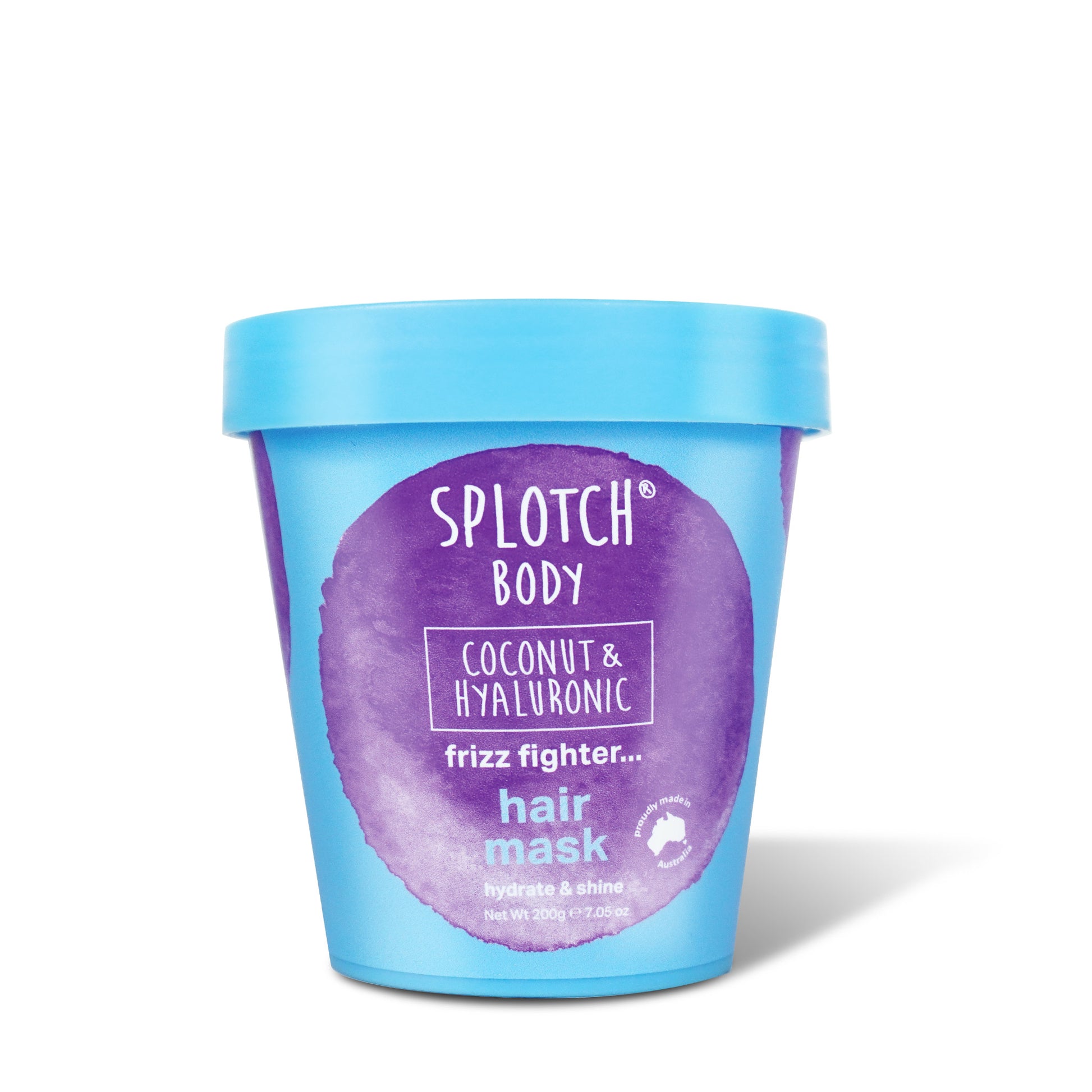 A collection of Sploth Body Coconut & Hyaluronic products, including a Silky Suds Shower Foam (500ml pump bottle) and a Frizz Fighter Hair Mask (200g tub). Both products feature a bright blue background with large purple watercolor splotches. The shower foam is shown in a promotional shot surrounded by coconuts, a palm frond, soap bubbles, and vanilla ice cream, emphasizing hydration and a tropical theme.
