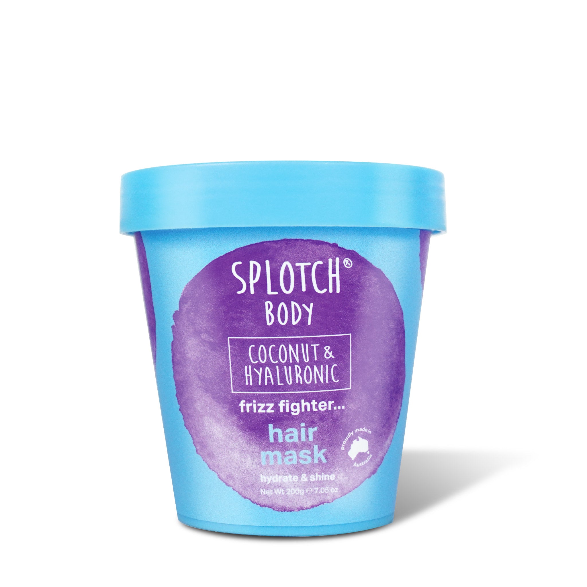 A collection of Sploth Body Coconut & Hyaluronic products, including a Silky Suds Shower Foam (500ml pump bottle) and a Frizz Fighter Hair Mask (200g tub). Both products feature a bright blue background with large purple watercolor splotches. The shower foam is shown in a promotional shot surrounded by coconuts, a palm frond, soap bubbles, and vanilla ice cream, emphasizing hydration and a tropical theme.