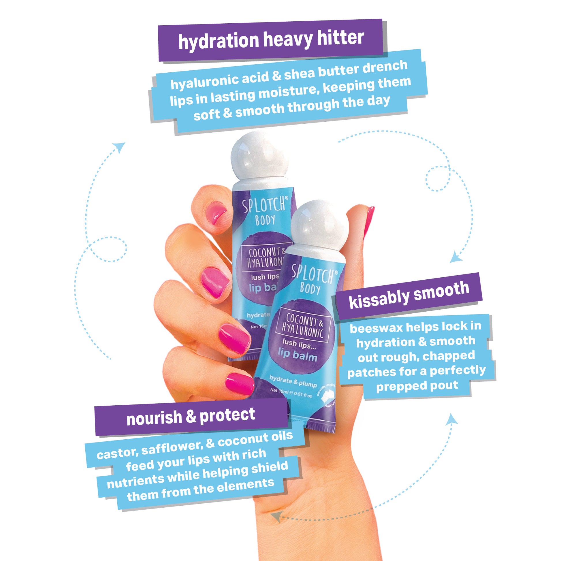 Two lip balms held by a hand with text describing their features on a white background