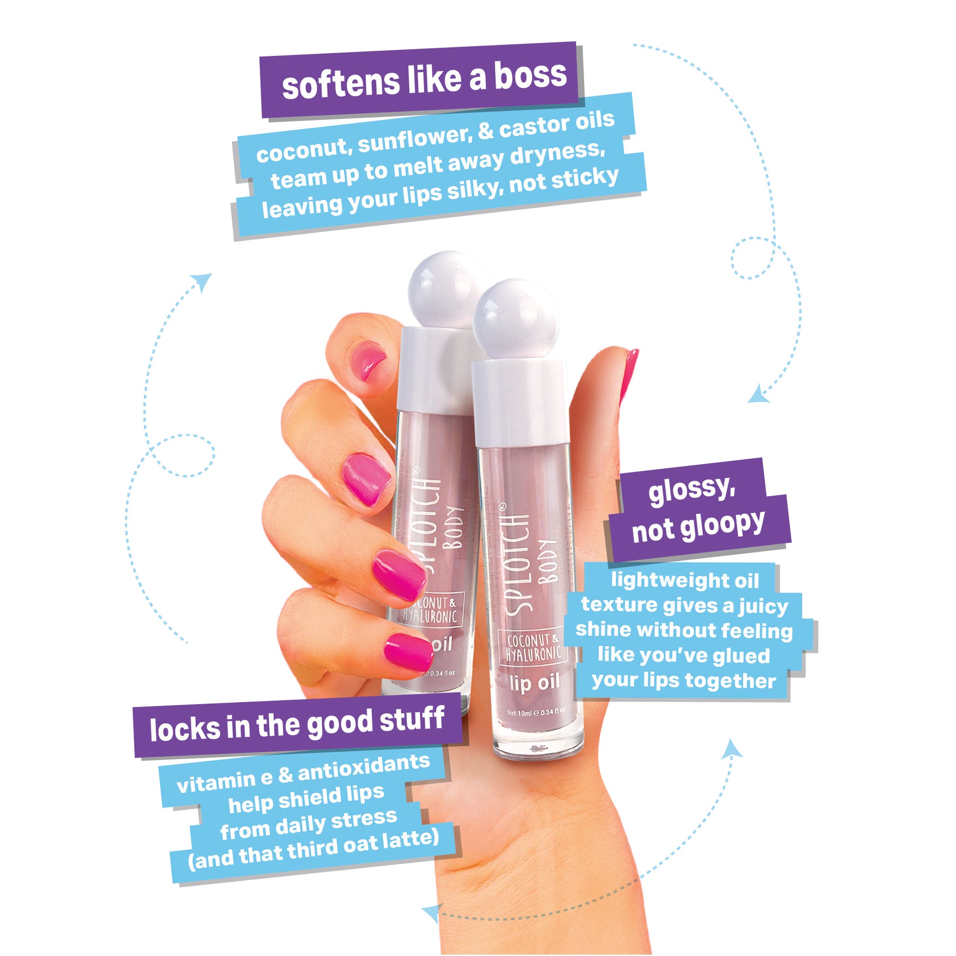 Two lip oils held in a hand with promotional text about their benefits.