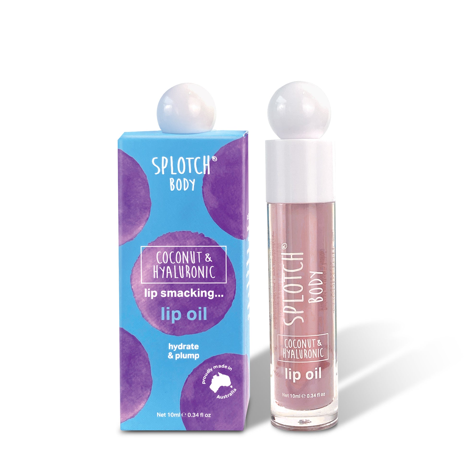 A clear glass bottle of "Splotch Body" "Coconut & Hyaluronic lip oil" labeled as "lip smacking... lip oil" next to its blue and purple box. The text beneath says "hydrate & plump," and a small seal reads "proudly made in Australia." The net volume is 10ml 0.34fl oz.