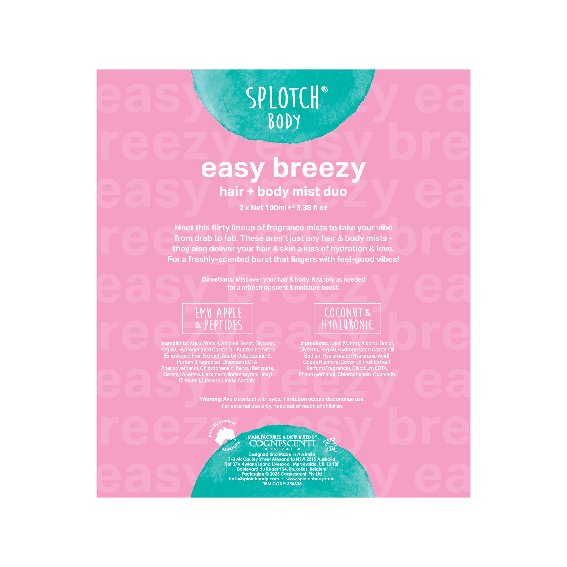 Splotch Body easy breezy hair and body mist duo packaging on a pink background