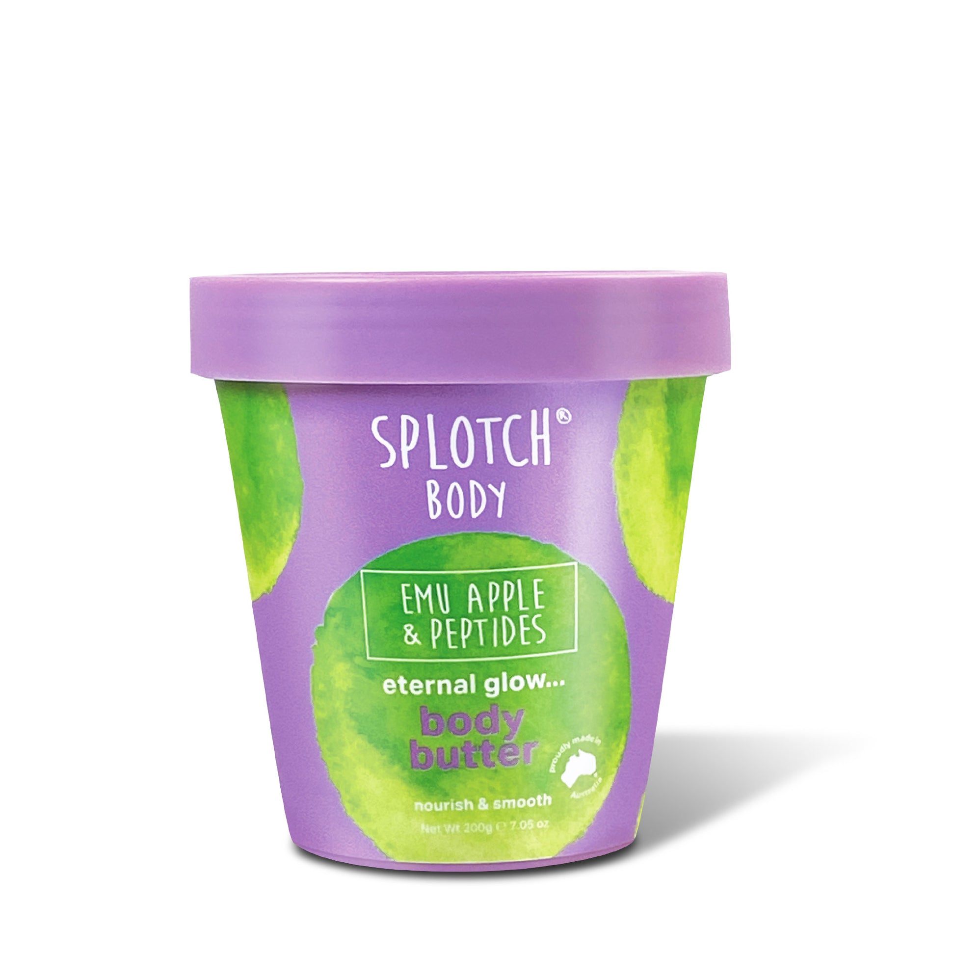 Close-up of a purple tub of SPLOTCH BODY Emu Apple & Peptides Body Butter. The label has green watercolor-style splotches, and the text reads 'SPLOTCH BODY', 'EMU APPLE & PEPTIDES', 'eternal glow... body butter', 'nourish & smooth', and 'Net Wt 200g 7.05 oz'. A stamp indicates it's 'proudly made in australia'.