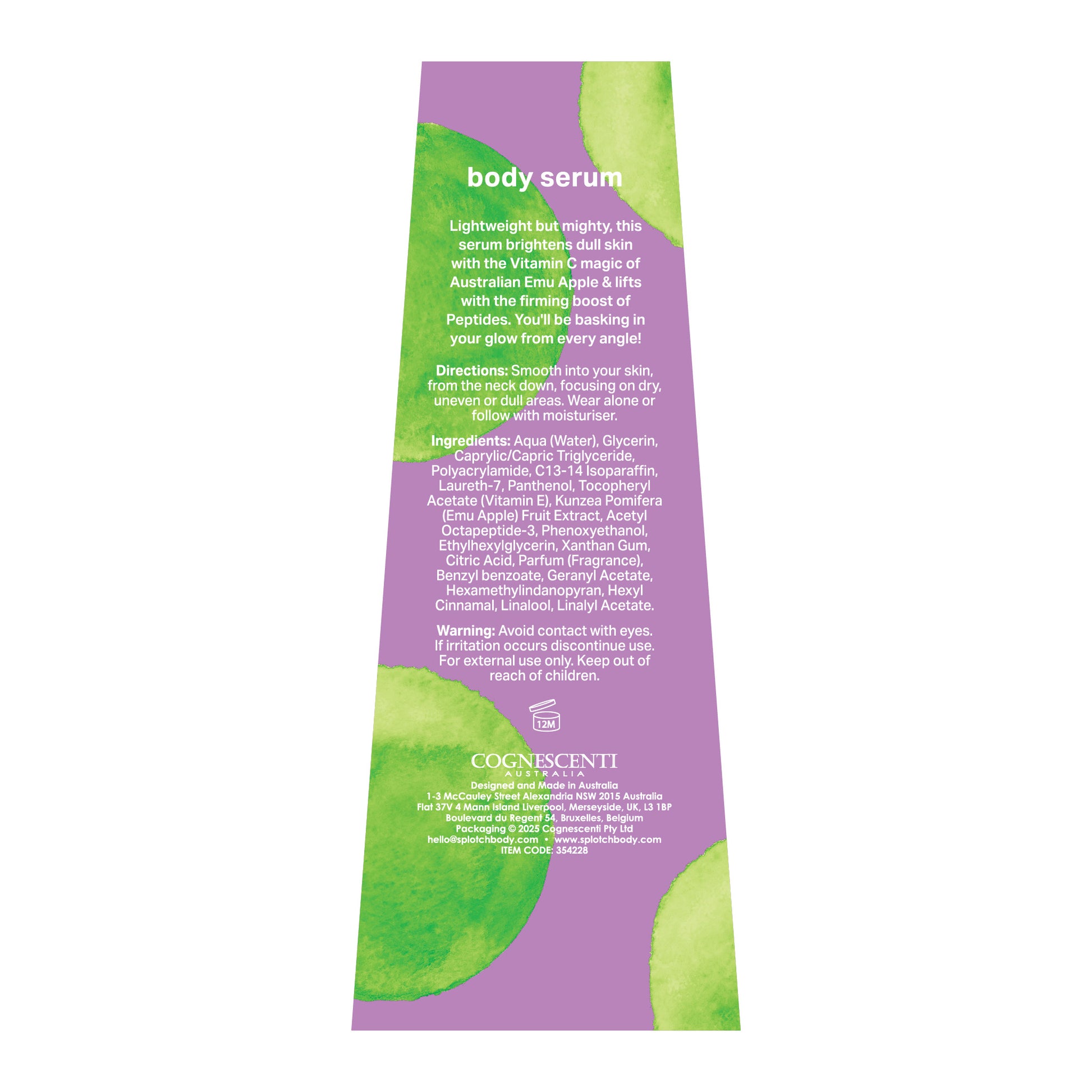 A vertical, tapered product label for a "body serum" by the brand Cognescenti Australia. The label features a light purple background decorated with large, abstract, watercolor-style circles in bright green.