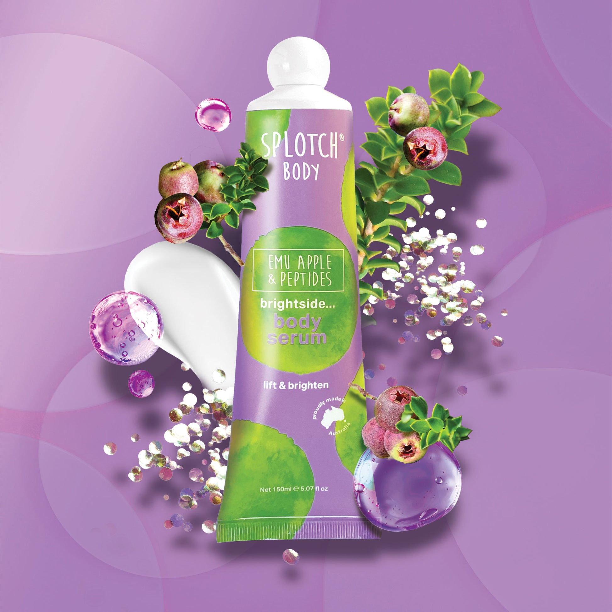 An image of a Splotch Body product tube set against a vibrant purple background with abstract circular patterns. The central focus is a purple squeeze tube with a white spherical cap, featuring large green watercolor-style circles on its label.