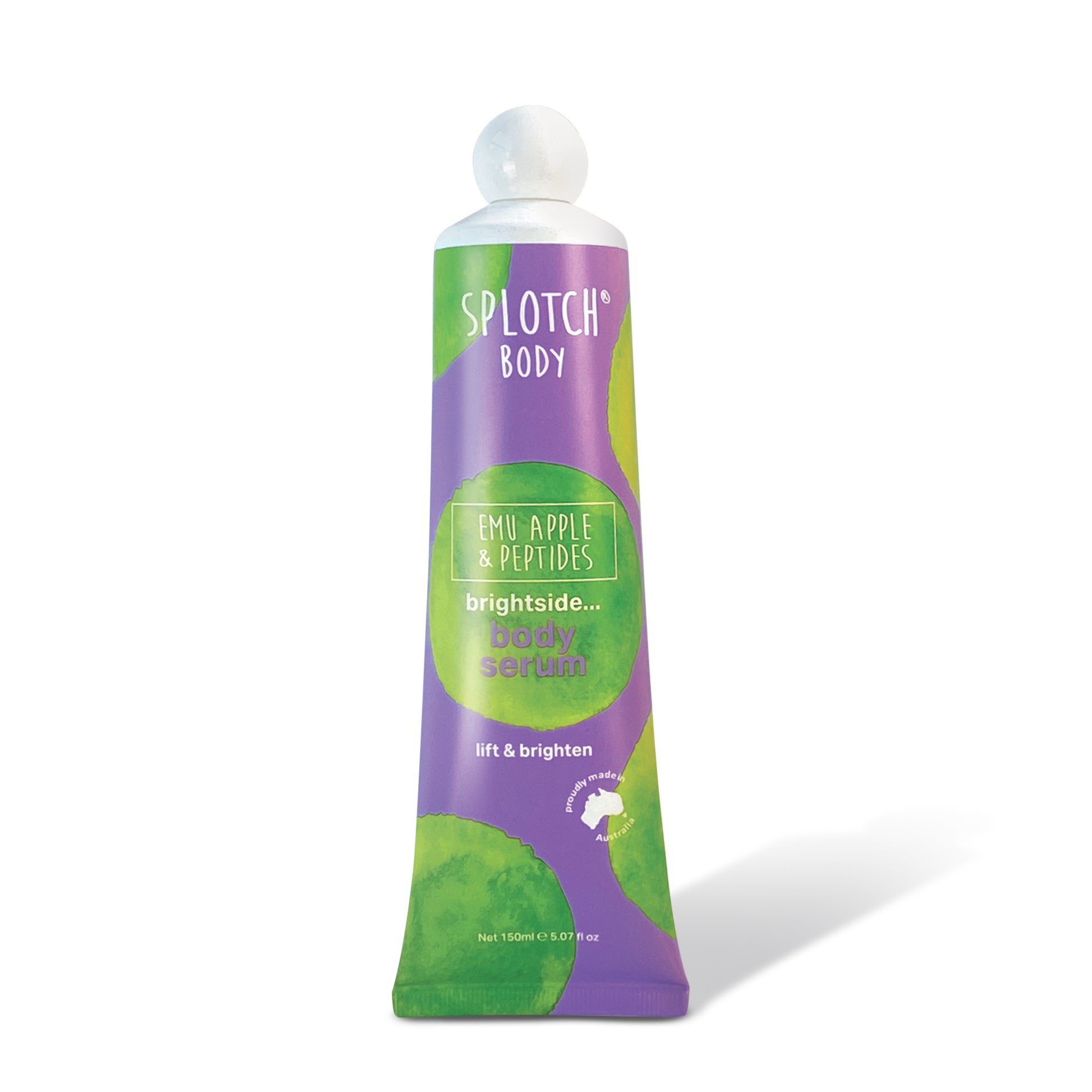 "Close-up of a tube of SPLOTCH BODY Emu Apple & Peptides Body Serum. The tube is purple with green watercolor splotches. The label text reads 'SPLOTCH BODY', 'EMU APPLE & PEPTIDES', 'brightside... body serum', and 'lift & brighten'. A stamp indicates it's 'proudly made in australia'."
