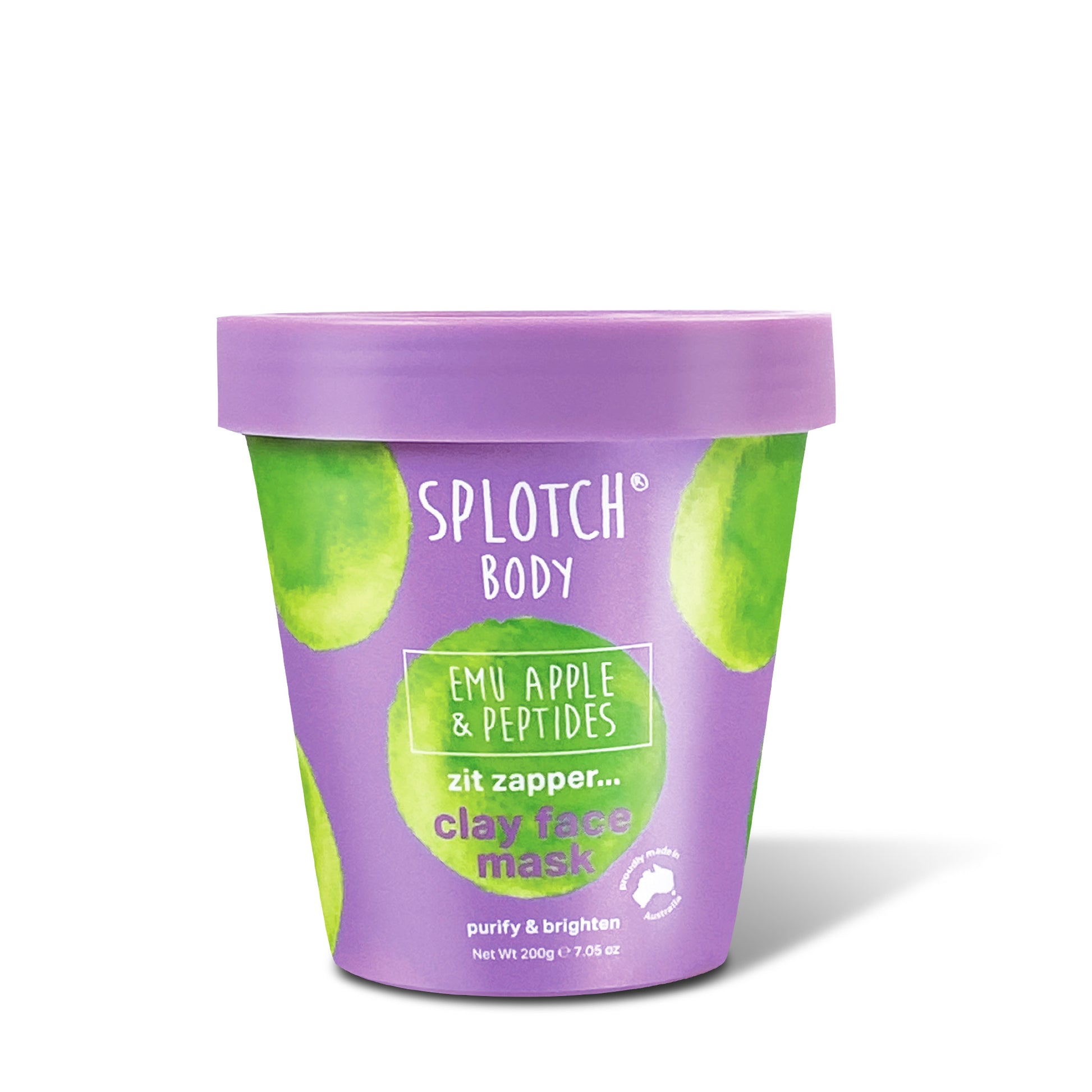 Close-up of a purple tub of SPLOTCH BODY Emu Apple & Peptides Clay Face Mask. The label has green watercolor-style splotches, and the text reads 'SPLOTCH BODY', 'EMU APPLE & PEPTIDES', 'zit zapper... clay face mask', 'purify & brighten', and 'Net Wt 200g 7.05 oz'. A stamp indicates it's 'proudly made in australia'.