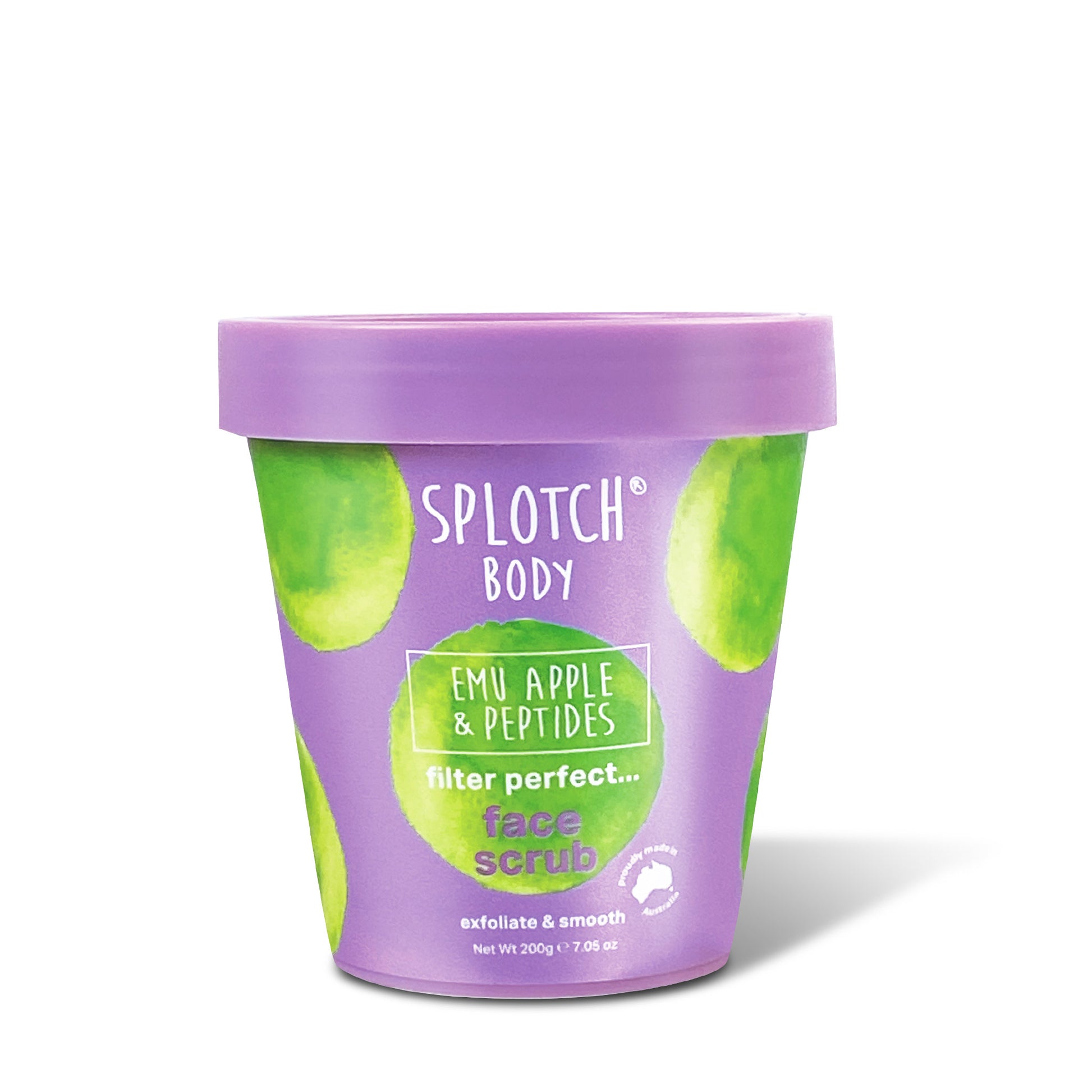Front view of a SPLOTCH BODY Emu Apple & Peptides Face Scrub. It comes in a purple tub with a matching lid and has green watercolor-style splotches on the label. The label reads 'SPLOTCH BODY', 'EMU APPLE & PEPTIDES', 'filter perfect... face scrub', and 'exfoliate & smooth', with 'Net Wt 200g 7.05 oz' at the bottom.