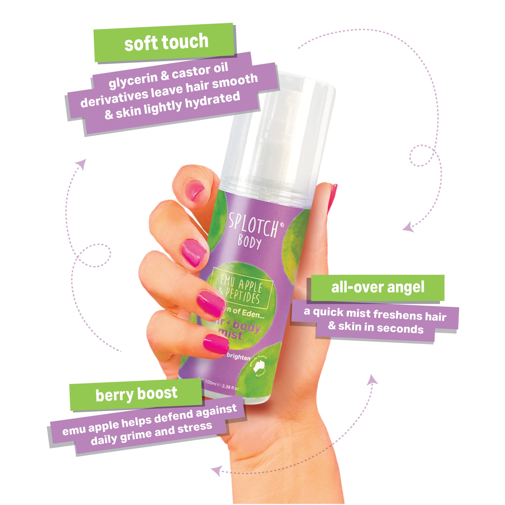Hand holds a clear bottle of Splotch Body Emu Apple & Peptides hair + body mist. Descriptive labels highlight: Soft touch (glycerin/castor oil for smooth, hydrated hair/skin); All-over angel (quick mist freshens hair/skin); and Berry boost (emu apple defends against grime/stress).