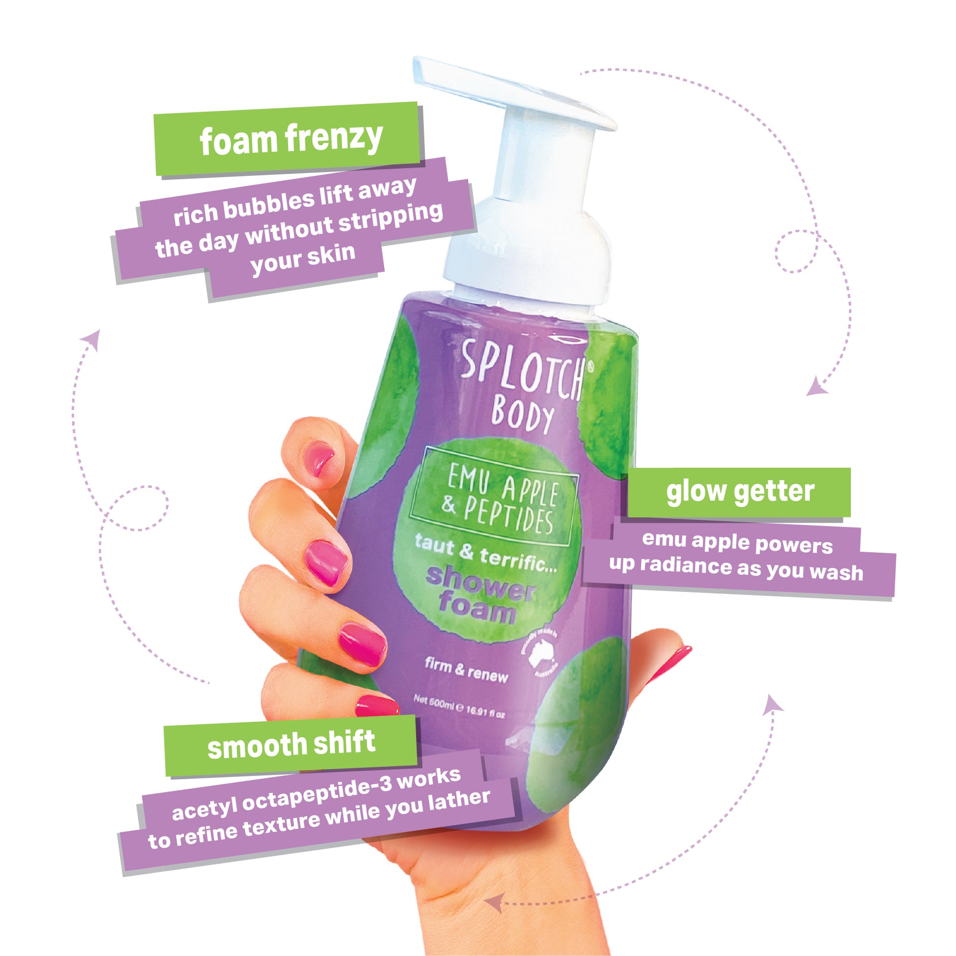 Hand holds a bright purple pump bottle of Splotch Body Emu Apple & Peptides shower foam. Descriptive labels highlight: Foam frenzy (rich bubbles clean without stripping); Glow getter (emu apple powers up radiance); and Smooth shift (acetyl octapeptide-3 refines texture while lathering).