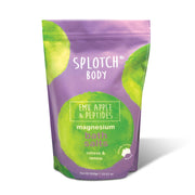 A purple and green pouch of Splottch Body Emu Apple & Peptides Magnesium Bath Salts. The text on the pouch reads "SPLOTTCH BODY," "EMU APPLE & PEPTIDES," "magnesium bath salts," and "relieve & renew." The net weight is listed as $950 \text{g} \ (33.51 \text{oz})$. There is also a small graphic that says "proudly made in Australia."