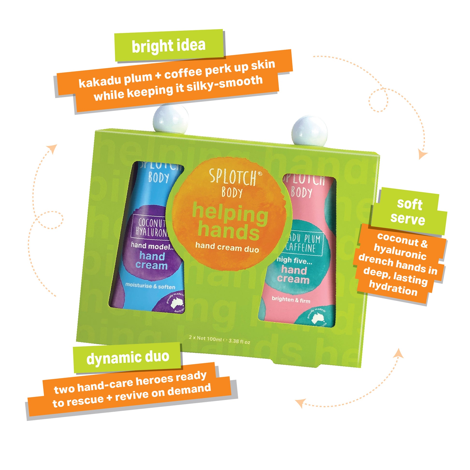Splash Body Helping Hands hand cream duo packaging with text on a white background