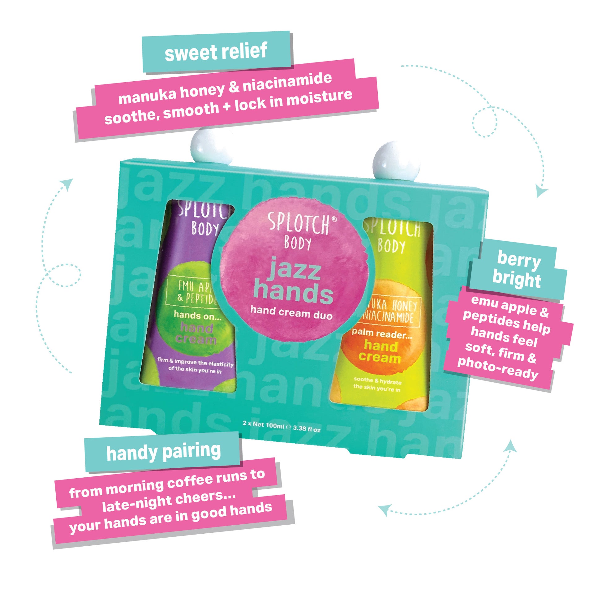 Splotch Body Jazz Hands hand cream duo packaging with product details on a white background