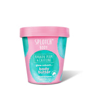 A pink tub of SPLOTCH BODY body butter with a pink lid, featuring teal watercolor splotches on the side. The text on the tub reads: "SPLOTCH BODY," "KAKADU PLUM & CAFFEINE," "glow reboot... body butter," and "nourish & brighten." The net weight is 200g 7.05oz.