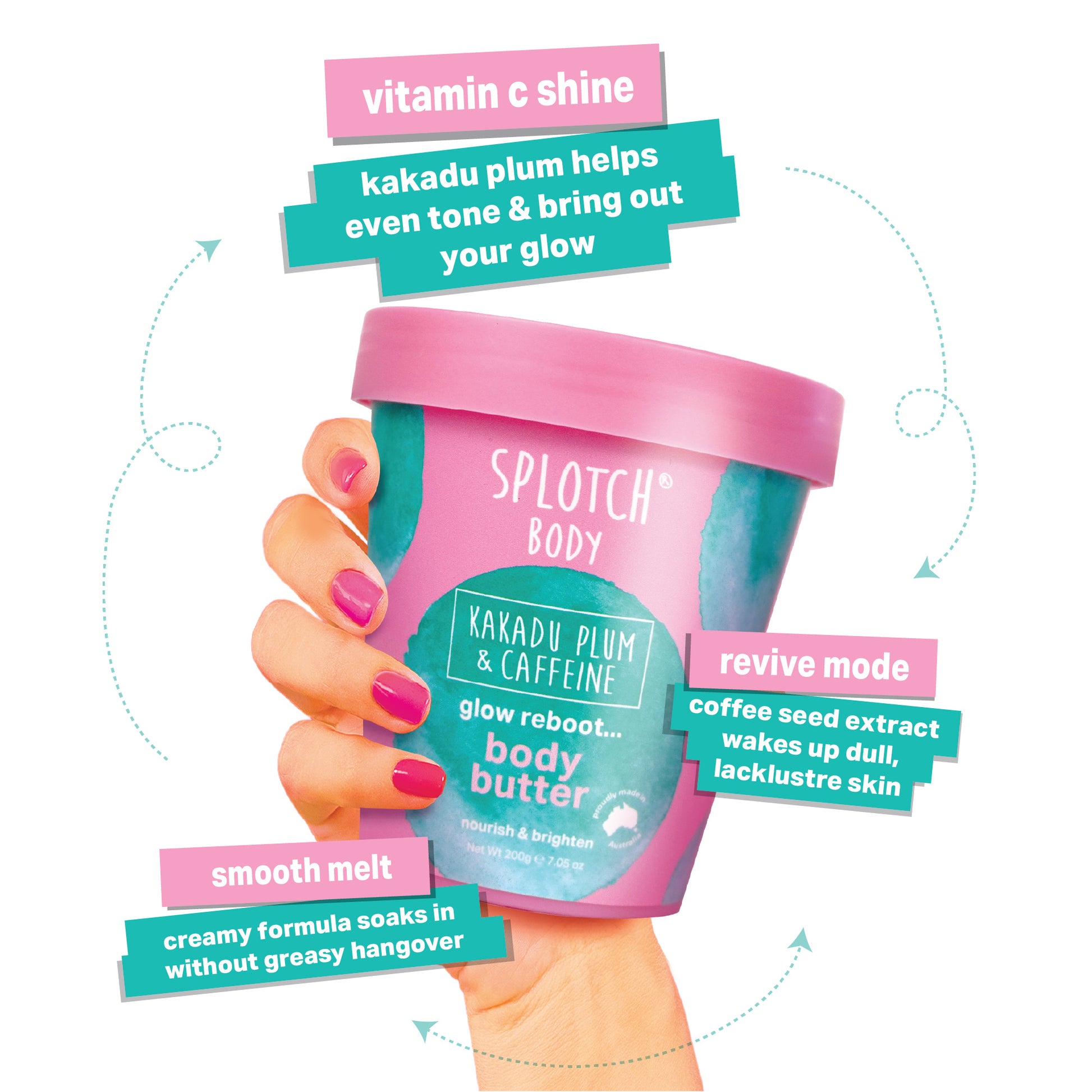 A back label for a SPLOTCH BODY face scrub with a pink background and teal watercolor splotches, featuring Terminalia Ferdinandiana (Kakadu Plum) Fruit Extract and Coffea Arabica (Coffee) Seed Extract.