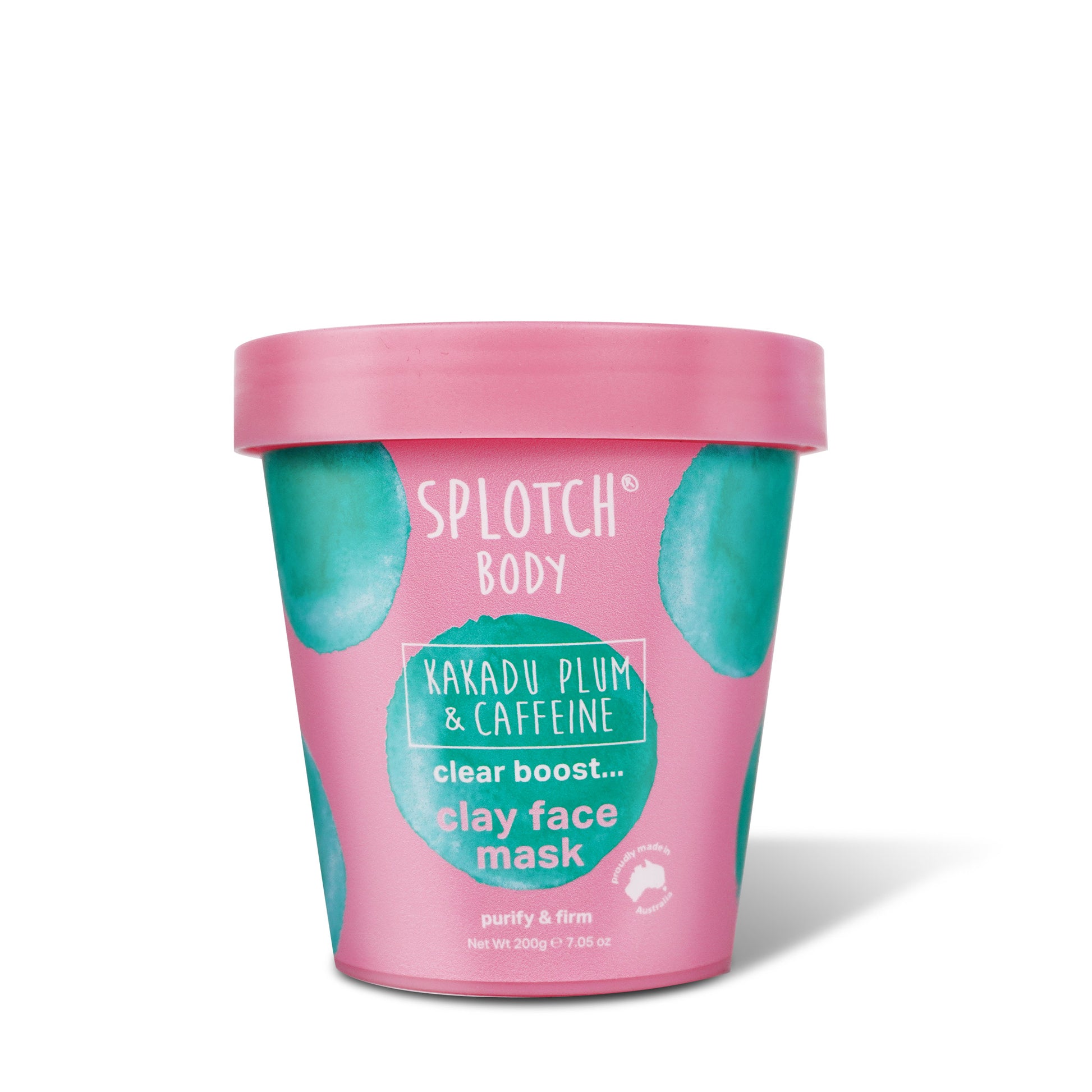 A pink and teal tub of "Splotch Body" "Kakadu Plum & Caffeine clear boost... clay face mask." The text beneath says "purify & firm," and a small seal reads "proudly made in Australia." The net weight is 200g 7.05oz.