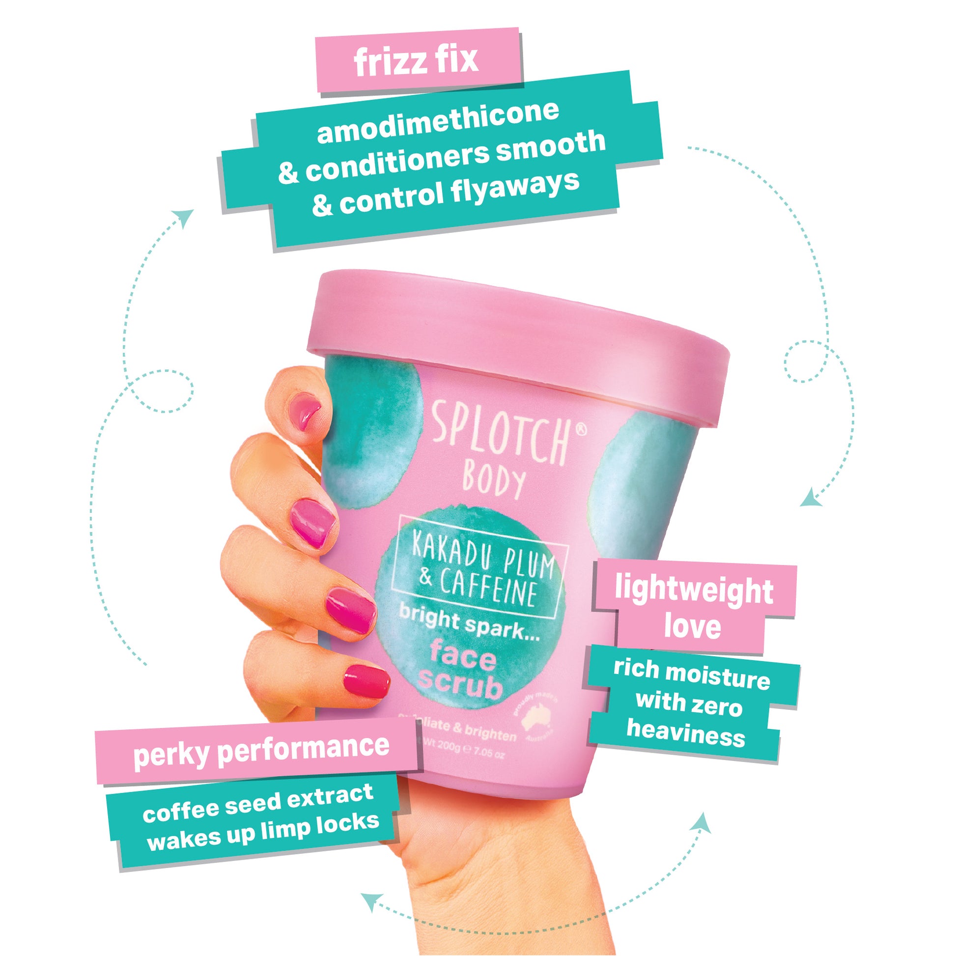 Pink and blue face scrub with text on a white background