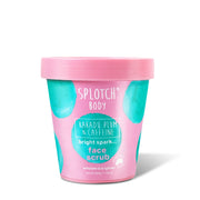 A pink tub of SPLOTCH BODY face scrub with a pink lid, featuring teal watercolor splotches on the side. The text on the tub reads: "SPLOTCH BODY," "KAKADU PLUM & CAFFEINE," "bright spark... face scrub," and "exfoliate & brighten." The net weight is 200g 7.05oz.
