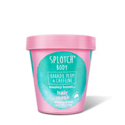 A pink tub of SPLOTCH BODY Kakadu Plum & Caffeine Hair Mask, featuring a large teal watercolor splotch on the front. The product is labeled "bouncy boost... hair mask" and is formulated to "invigorate & shine". The net weight of the tub is 200 g / 7.05 oz.