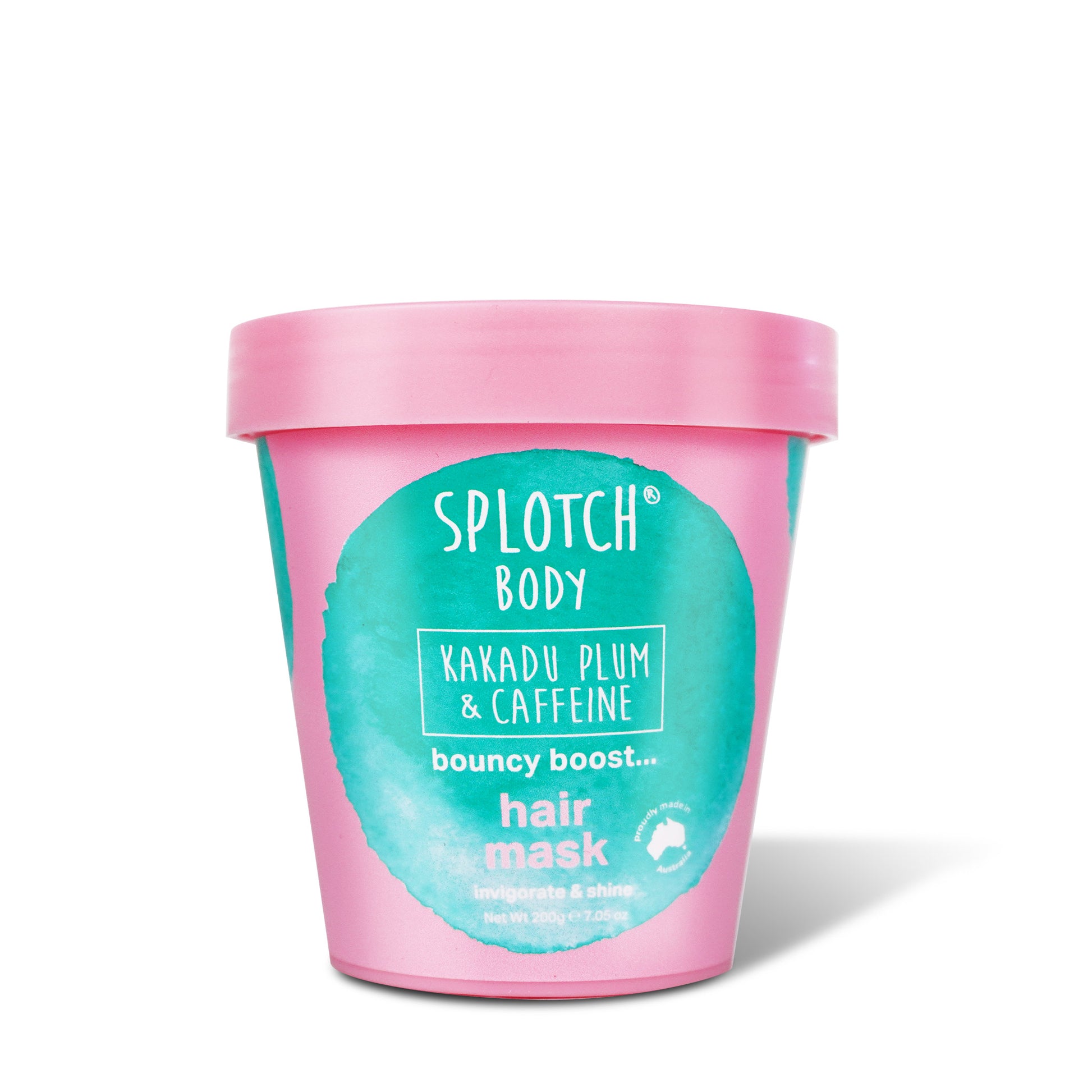 A pink tub of SPLOTCH BODY Kakadu Plum & Caffeine Hair Mask, featuring a large teal watercolor splotch on the front. The product is labeled "bouncy boost... hair mask" and is formulated to "invigorate & shine". The net weight of the tub is 200 g / 7.05 oz.