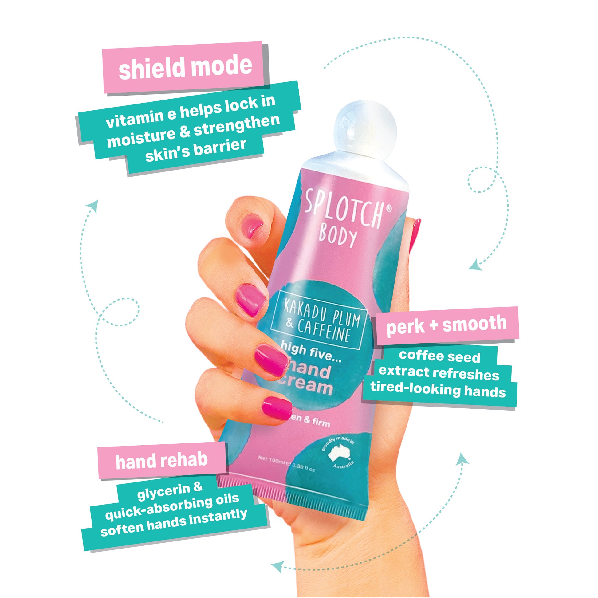A product marketing image featuring a hand holding a pink and teal tube of SPLOTCH BODY Kakadu Plum & Caffeine hand cream, labeled "high five... hand cream" and "brighten & firm."