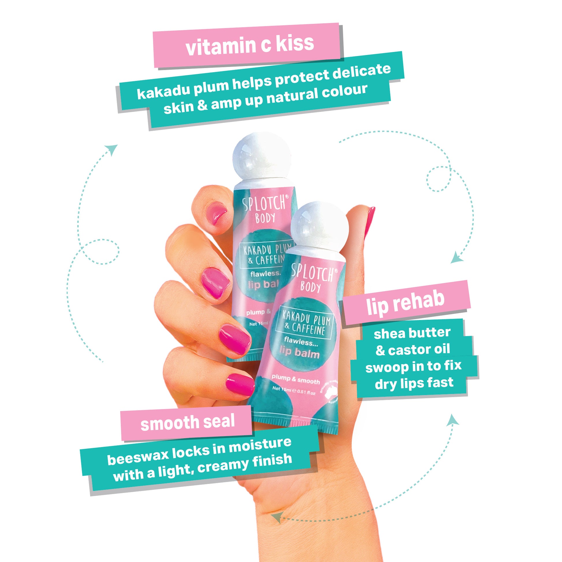 A bright green and orange body pamper pack from "Splotch Body" titled "Smooth Skin" and featuring "Manuka Honey & Niacinamide." The pack contains bath salts, a body scrub, and a body butter. It has a small seal that reads "proudly made in Australia." The net weights are 2×40g 1.41oz and 1×80g 2.82oz.