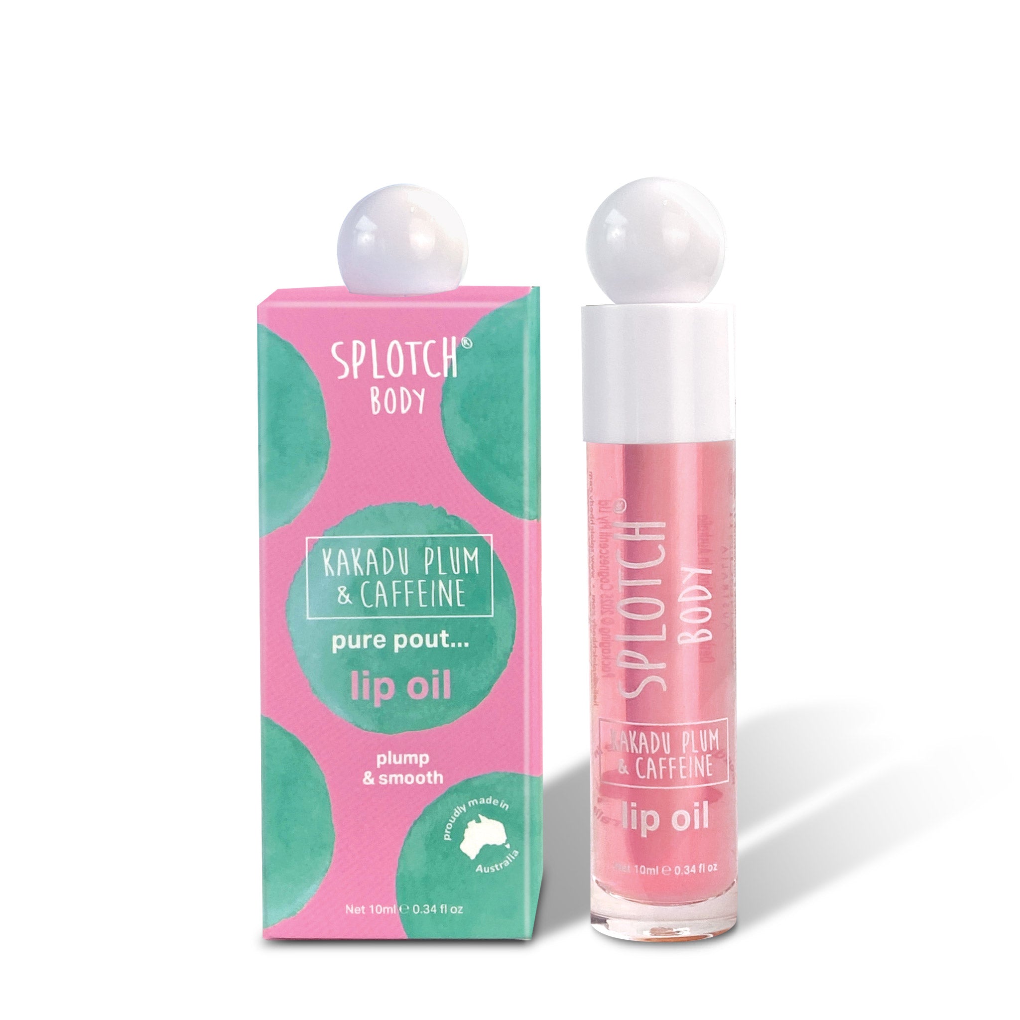 A pink box next to a clear glass bottle of "Splotch Body" "Kakadu Plum & Caffeine pure pout... lip oil." The text on the box says "plump & smooth," and a small seal reads "proudly made in Australia." The net volume is 10ml 0.34fl oz.