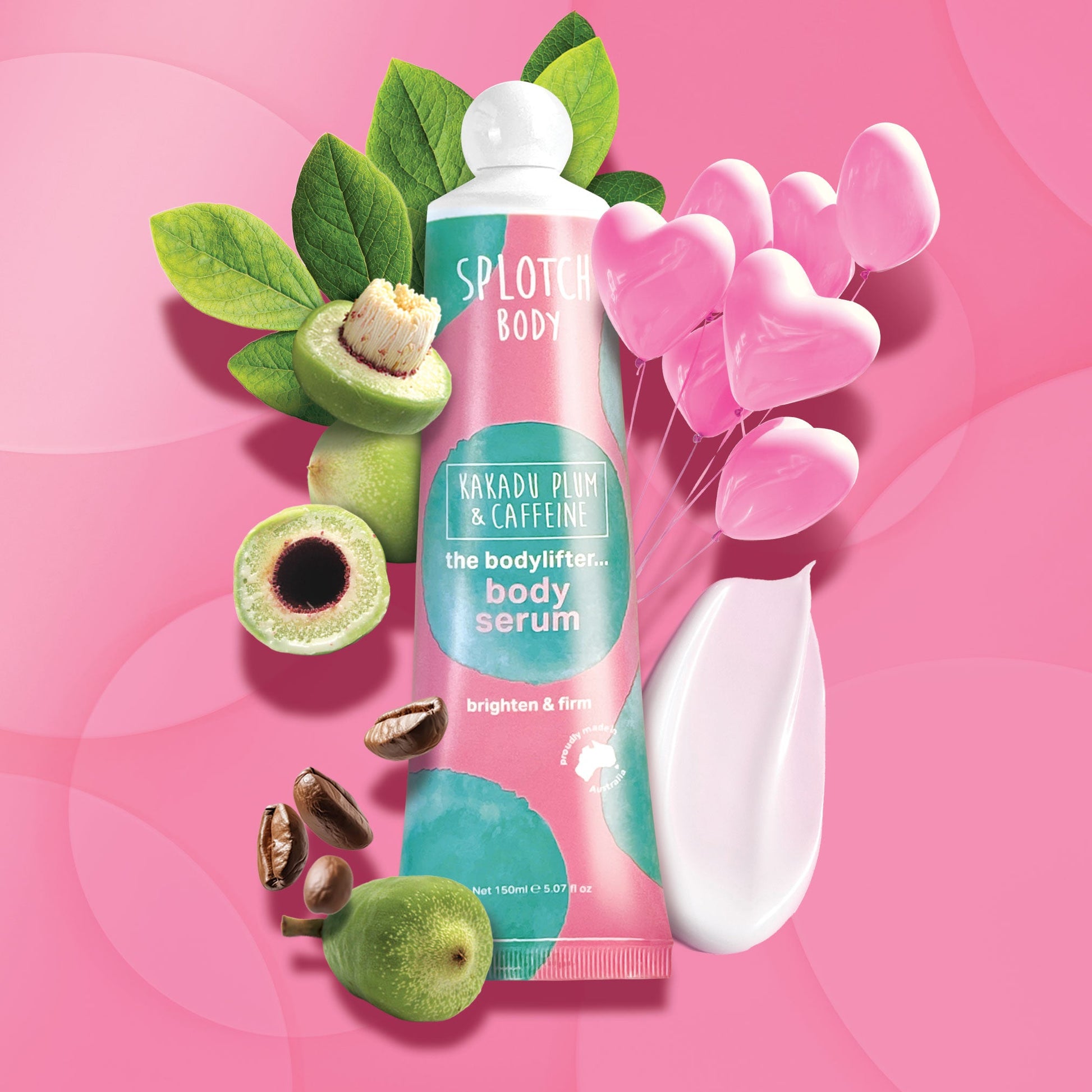 Body serum bottle with green leaves, pink hearts, and other elements on a pink background