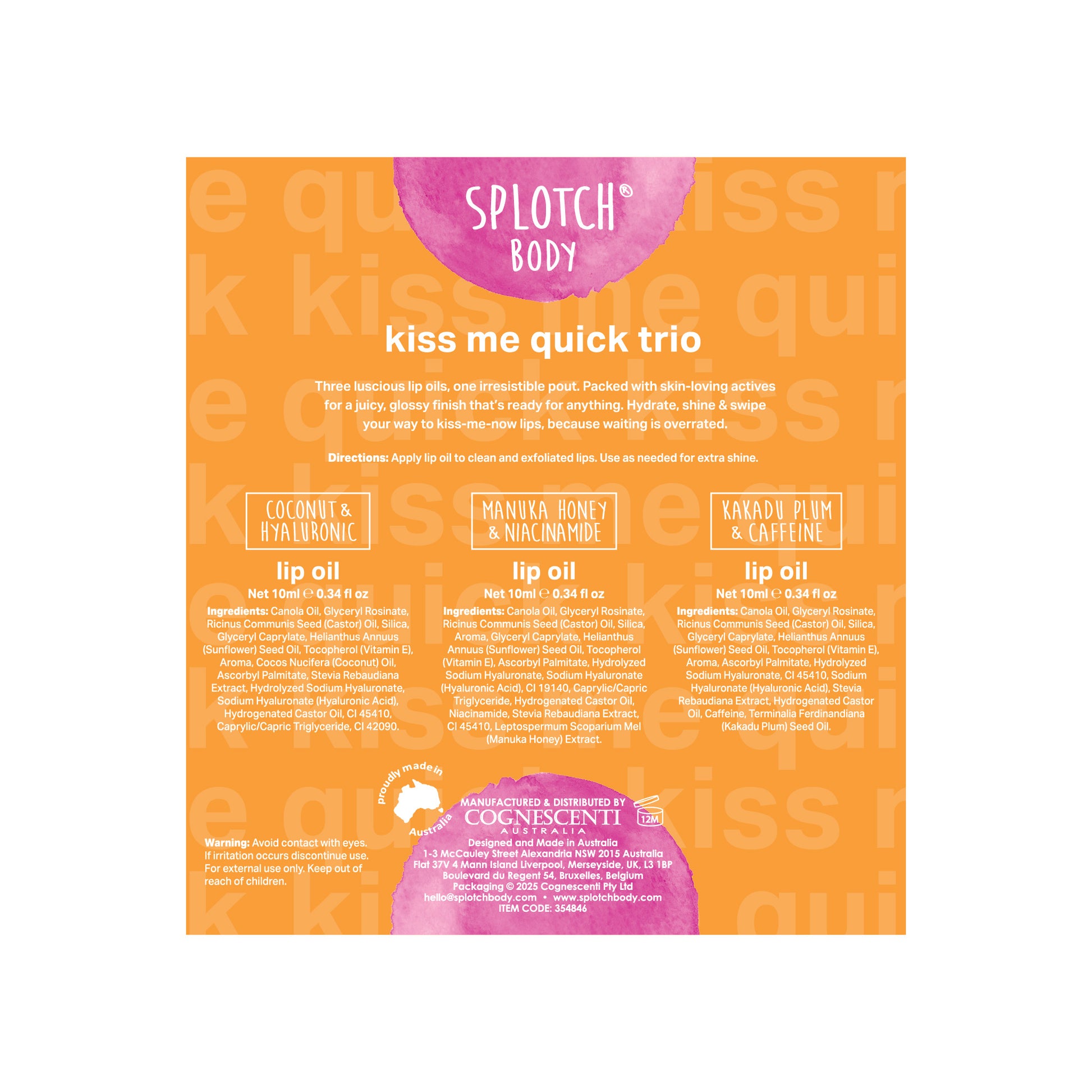 An orange gift box containing three 10ml lip oils: Coconut & Hyaluronic, Manuka Honey & Niacinamide, and Kakadu Plum & Caffeine. The back label provides directions to apply to clean, exfoliated lips for extra shine.