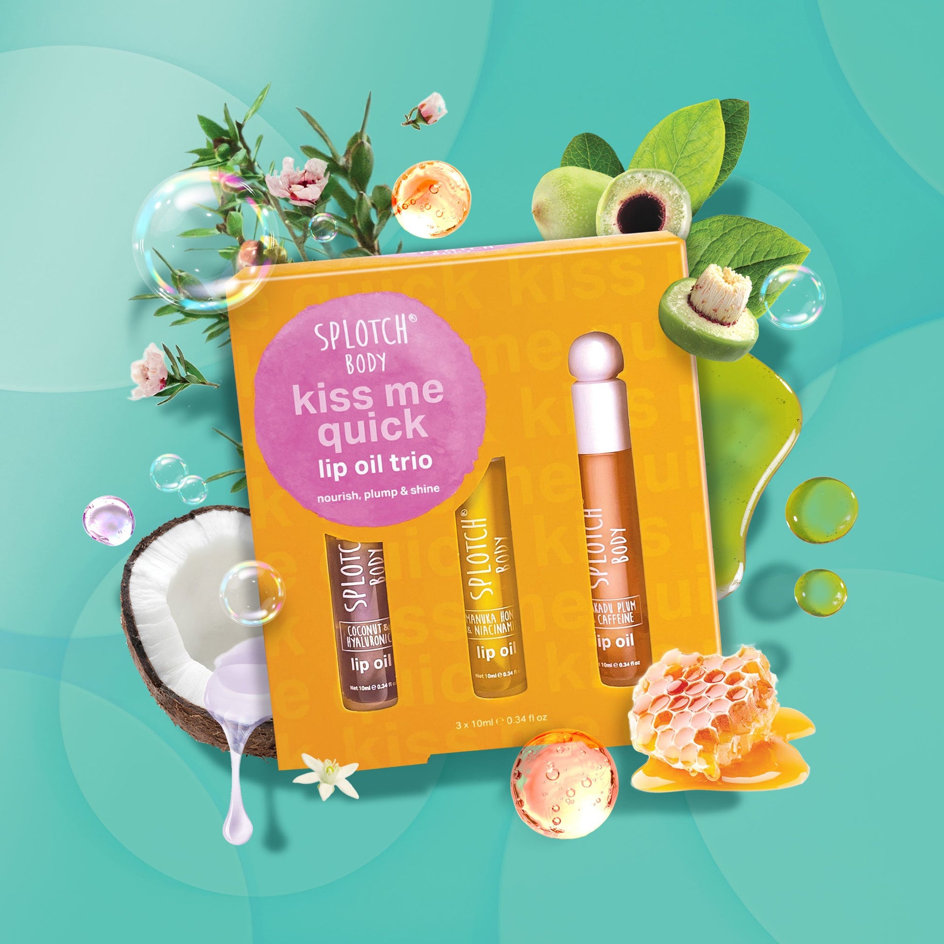 Splash! Body kiss me quick lip oil trio packaging with lip oils and decorative elements on a teal background