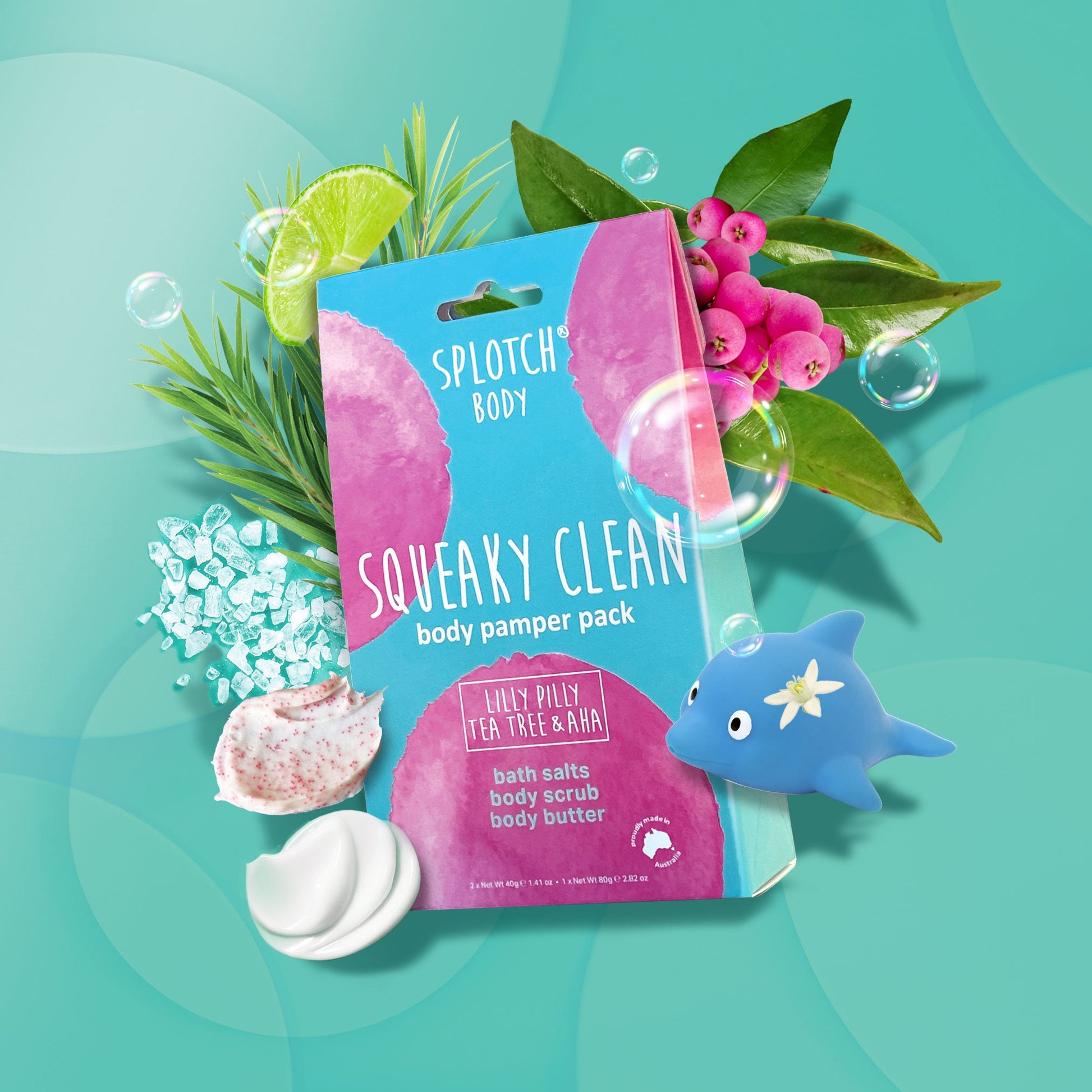 Splash Body Squeaky Clean body pamper pack with bath salts, scrub, and body butter on a teal background