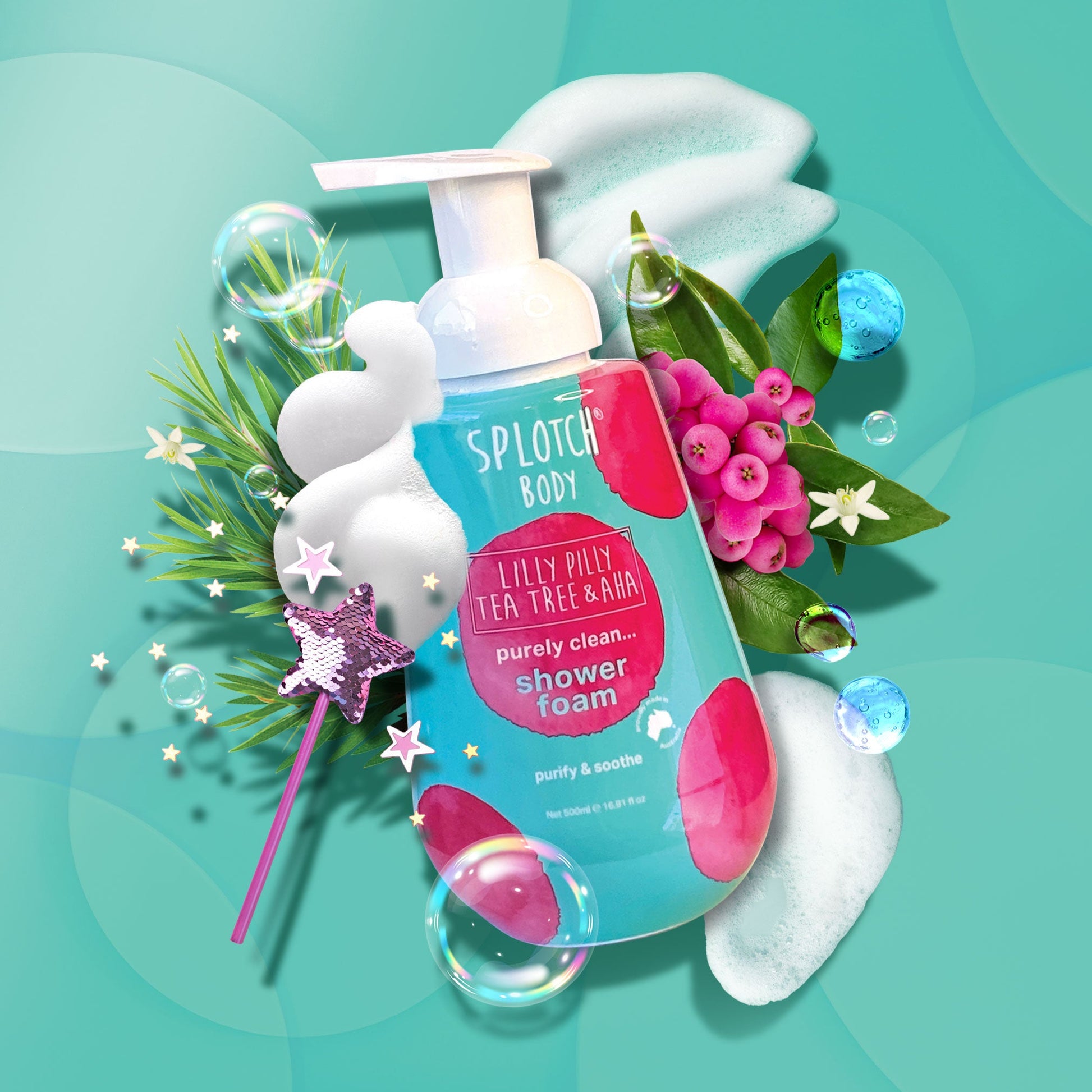 Shower foam bottle with floral and leaf decorations on a teal background