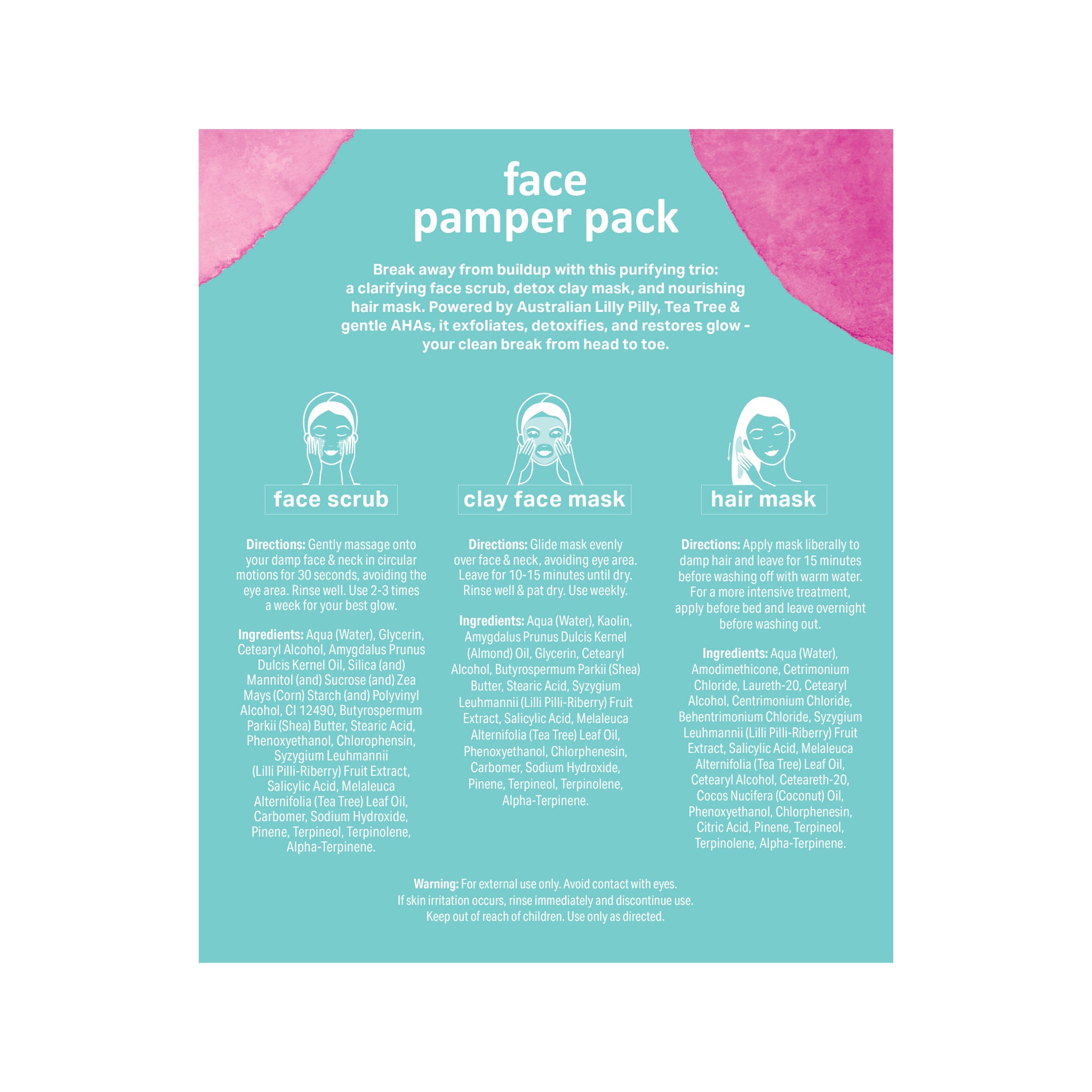 Product packaging for a face pamper pack with text and icons on a teal background.