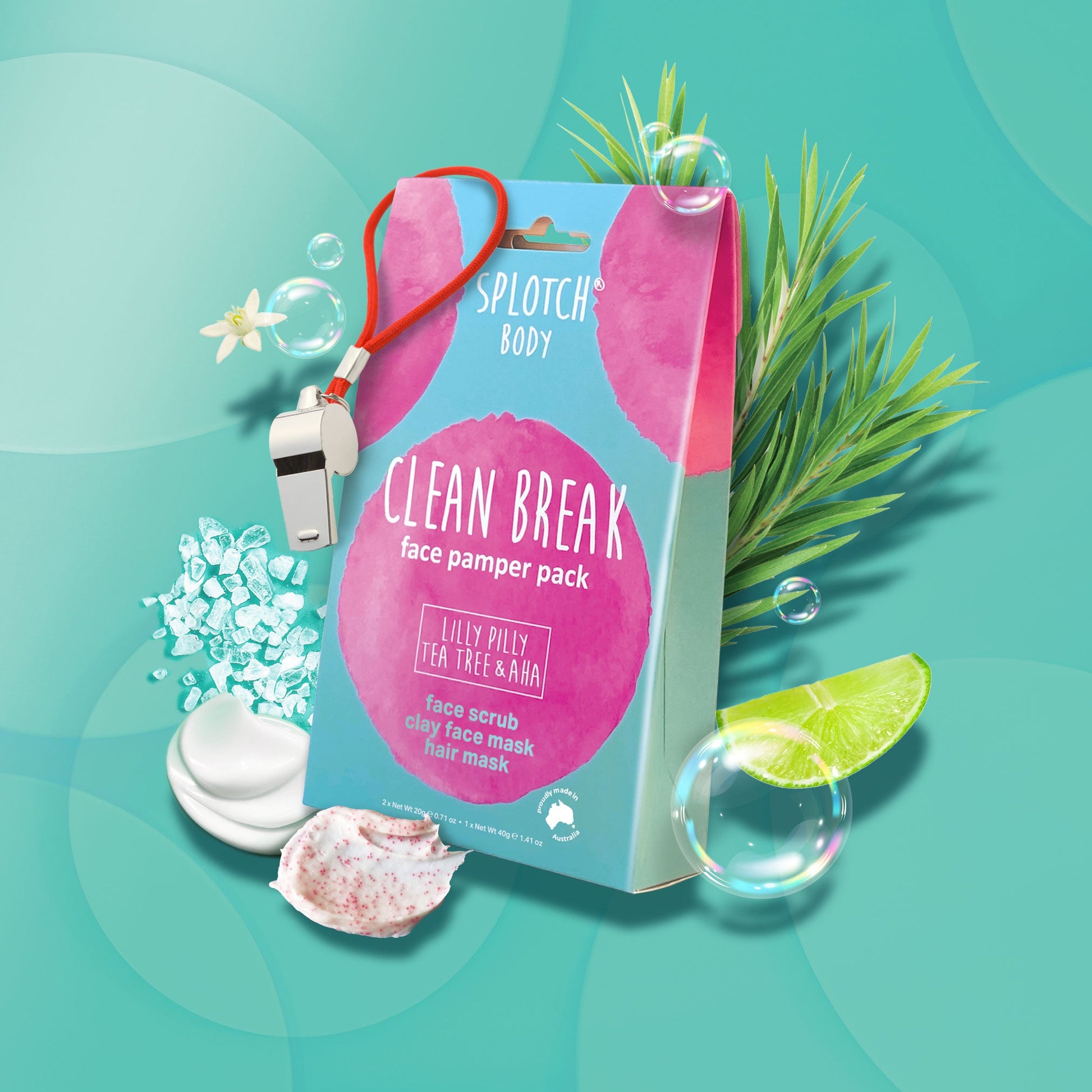 Lily & Lily tea tree face pamper pack on a teal background with decorative elements.