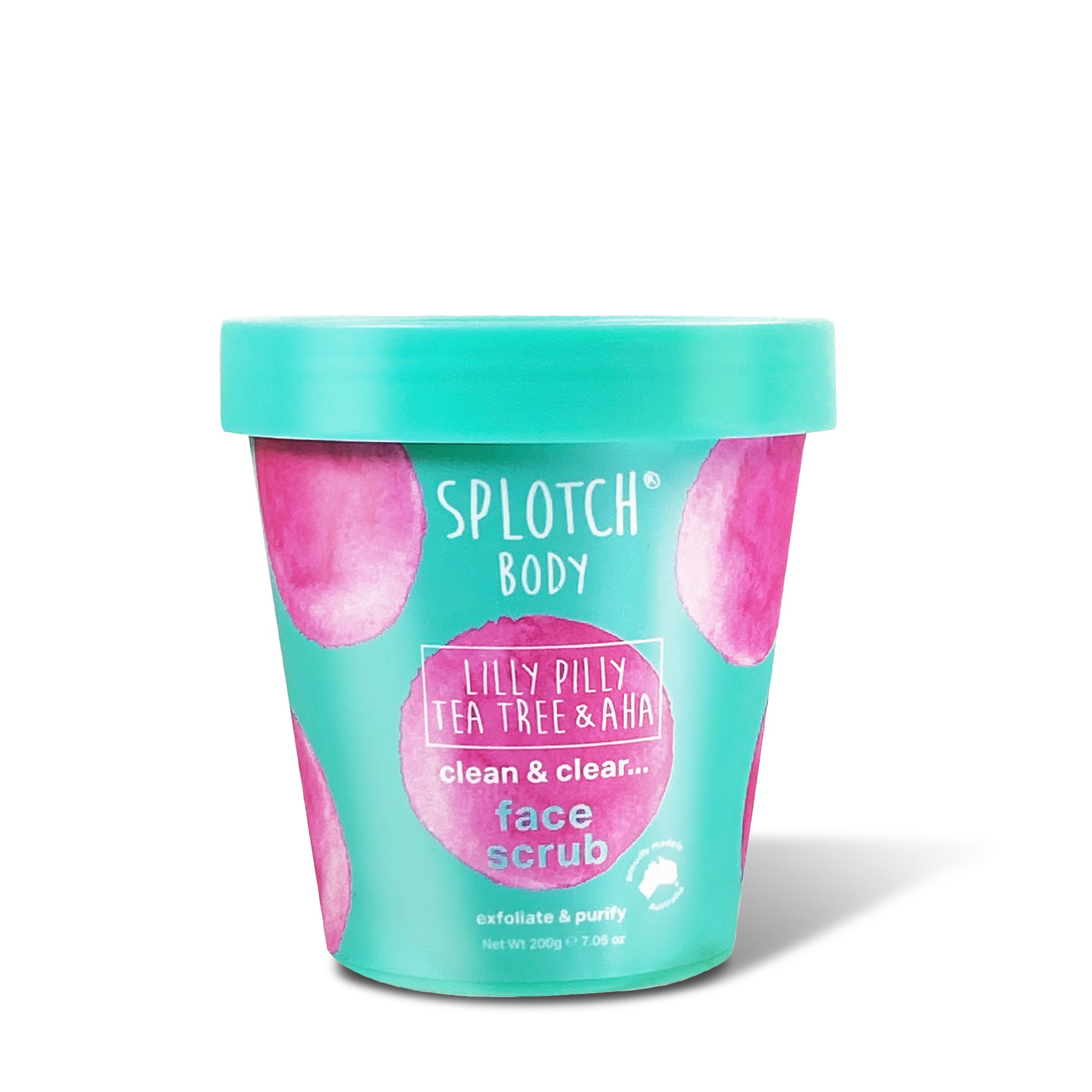 Promotional graphics for the "clean & clear" face scrub tub surrounded by bubbles, pink berries, a white flower, and smooth, dark blue stones.