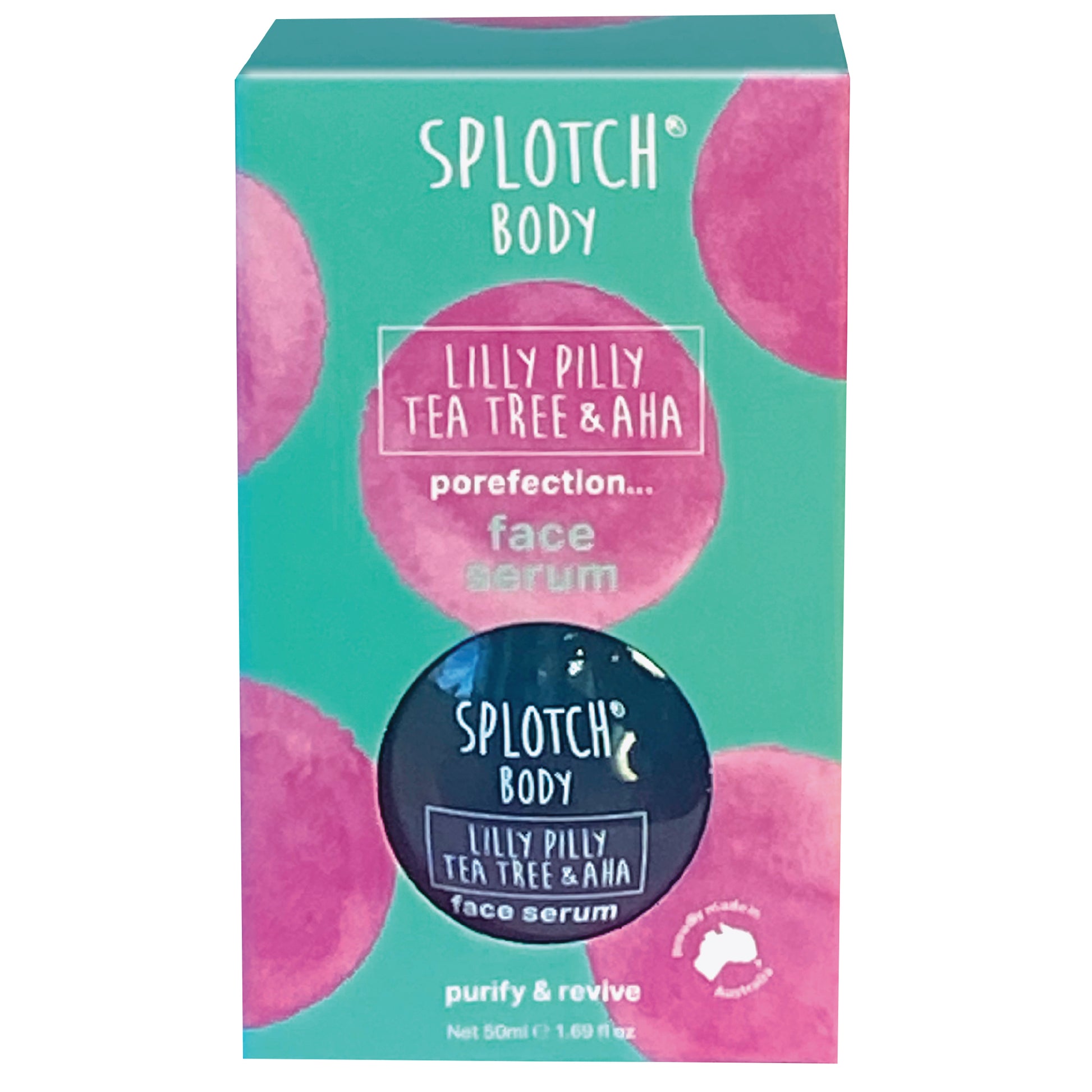 A light blue box for "porefection... face serum" featuring pink watercolor circles. The formula highlights Lilly Pilly, Tea Tree & AHA for a "purify & revive" effect.
