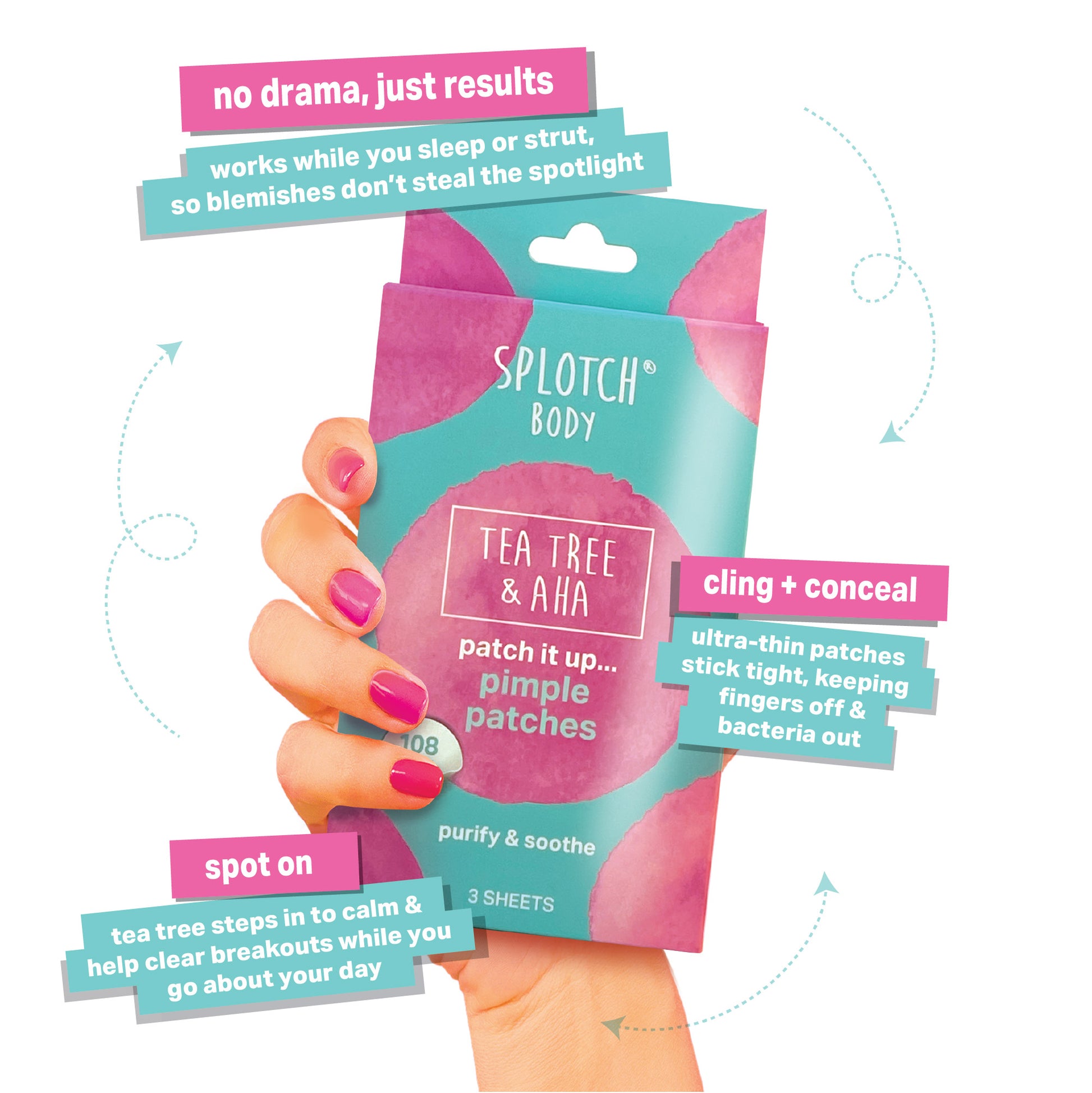 An advertisement featuring a hand with bright pink nails holding the pimple patches pack. Callouts highlight Tea Tree & AHA to calm breakouts and the "ultra-thin" nature of the patches.