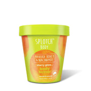 A lime-green product tub with a matching green lid, featuring large orange watercolor circles. The front label identifies the product as Splotch Body "starry glow... body butter".
