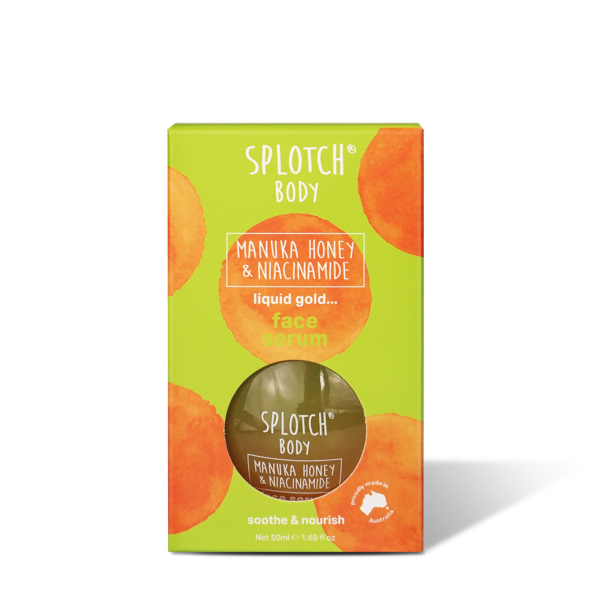 A lime green box for SPLOTCH BODY Manuka Honey & Niacinamide Face Serum featuring orange watercolor splotches. The front of the packaging describes the product as "liquid gold... face serum" designed to "soothe & nourish".
