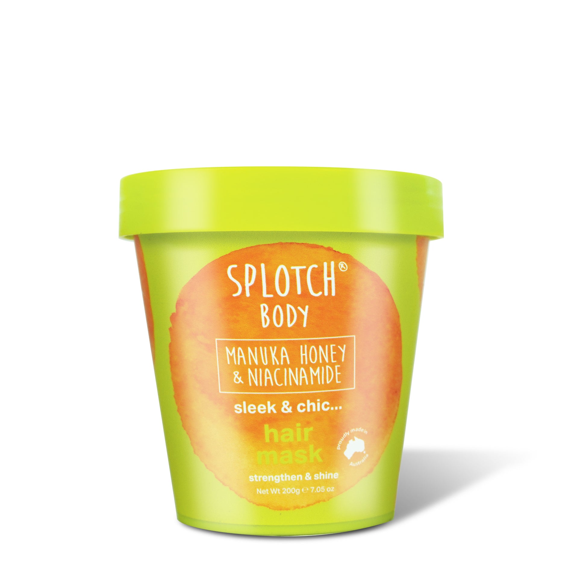 Hair Mask Tub (Image 8ca7c8): A 200g (7.05 oz) green tub with a matching lid. The label specifies the "sleek & chic..." formula is for "strengthen & shine".