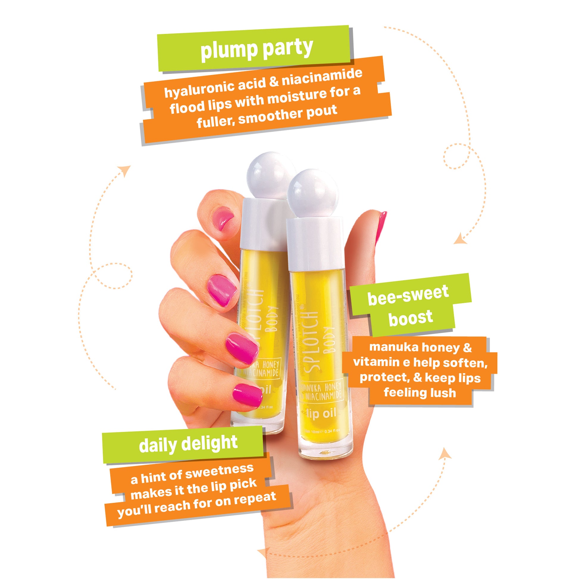 
A product marketing image for SPLOTCH BODY Manuka Honey & Niacinamide Lip Oil, featuring a hand holding two clear tubes of yellow lip oil with white caps.