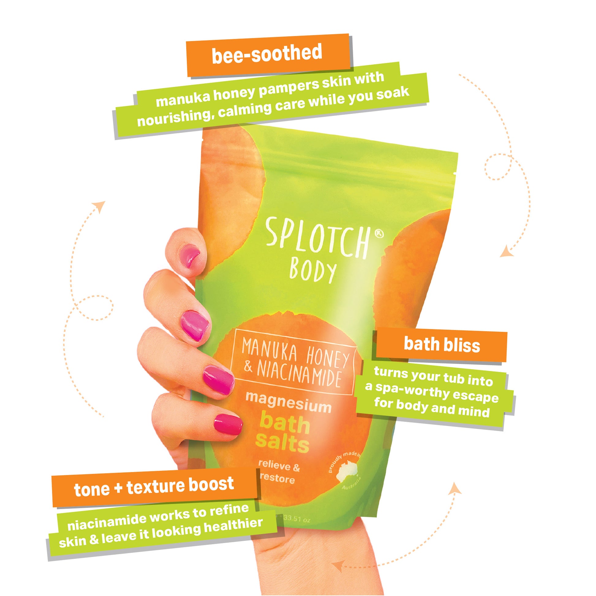 A promotional graphic for a lime green 950g pouch of magnesium bath salts featuring large orange watercolor splotches. The pouch is topped with a plush pink, blue, and white striped bow headband. The surrounding scene includes a wooden honey dipper resting in a pool of honey, a piece of honeycomb with a honeybee perched on it, flowering botanical sprigs, and scattered crystals of sea salt.