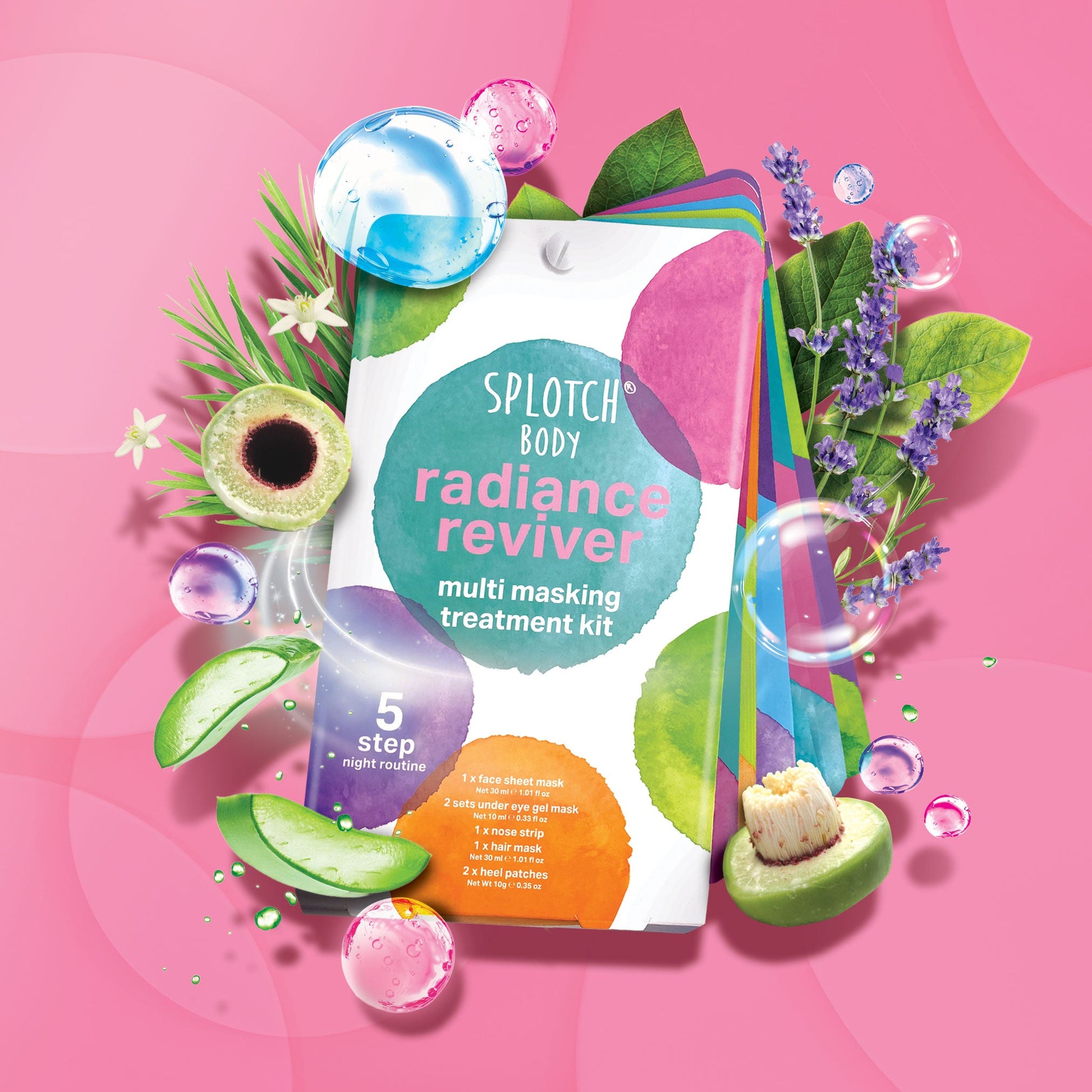A promotional graphic for the Splotch Body "radiance reviver" multi masking treatment kit, featuring a white boxed set against a pink background decorated with floating bubbles, lavender, aloe vera, and orange slices.